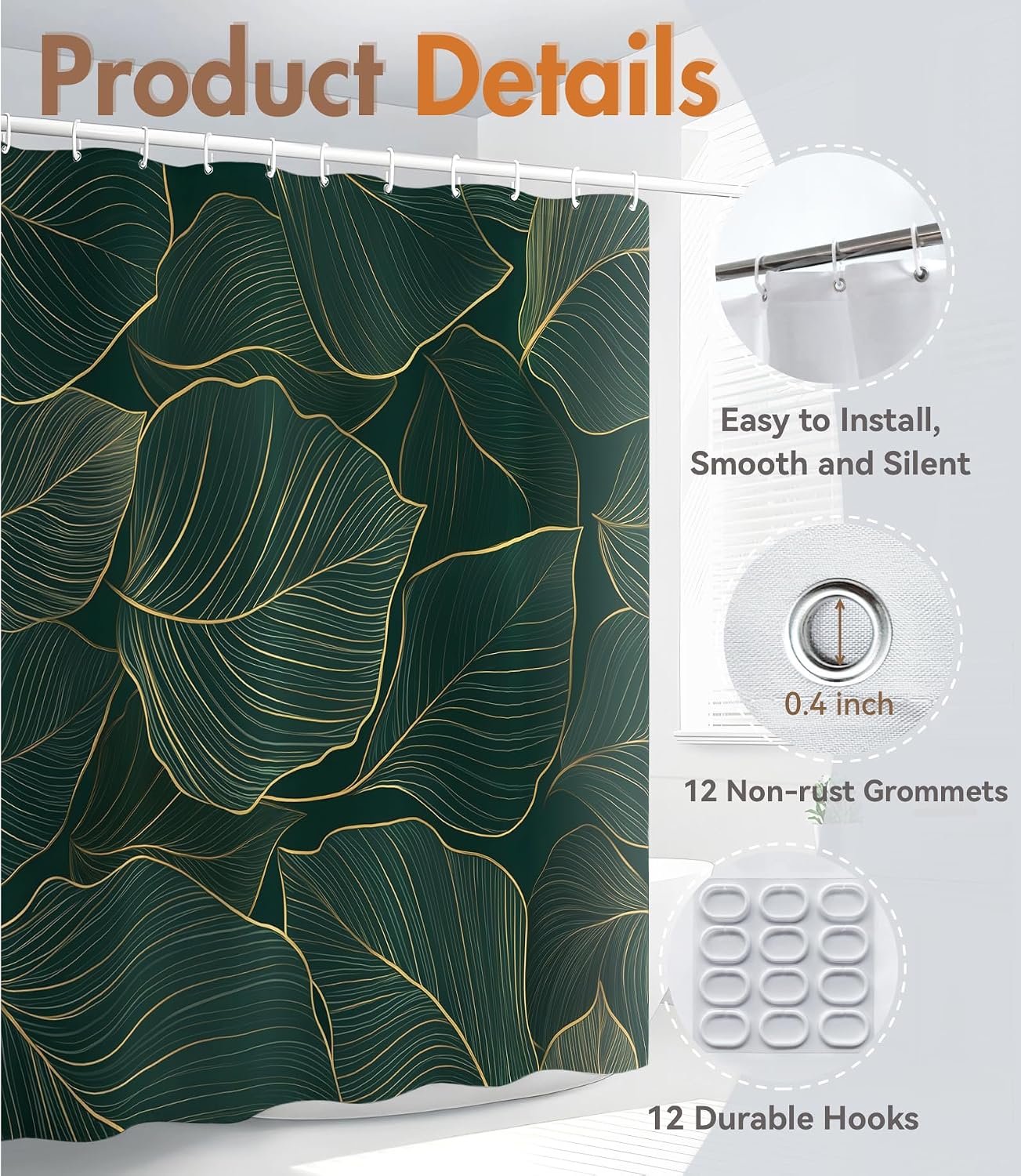 MAMUSE Shower Curtain for Bathroom - Cute Aesthetic Decorative Modern Girly Unique Girls Design Pretty Women Waterproof Fabric Cloth Cortinas de Baño Bathtub 72 x 72 Inch, Gold Plant image 3