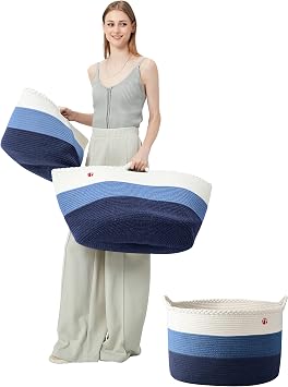 Small (48L) 100% Cotton Rope Woven Laundry Basket (6 Colors) - 17 x13 - Home Storage Hamper Bin for Blankets, Comforters, Towels, and Toys (Blue)