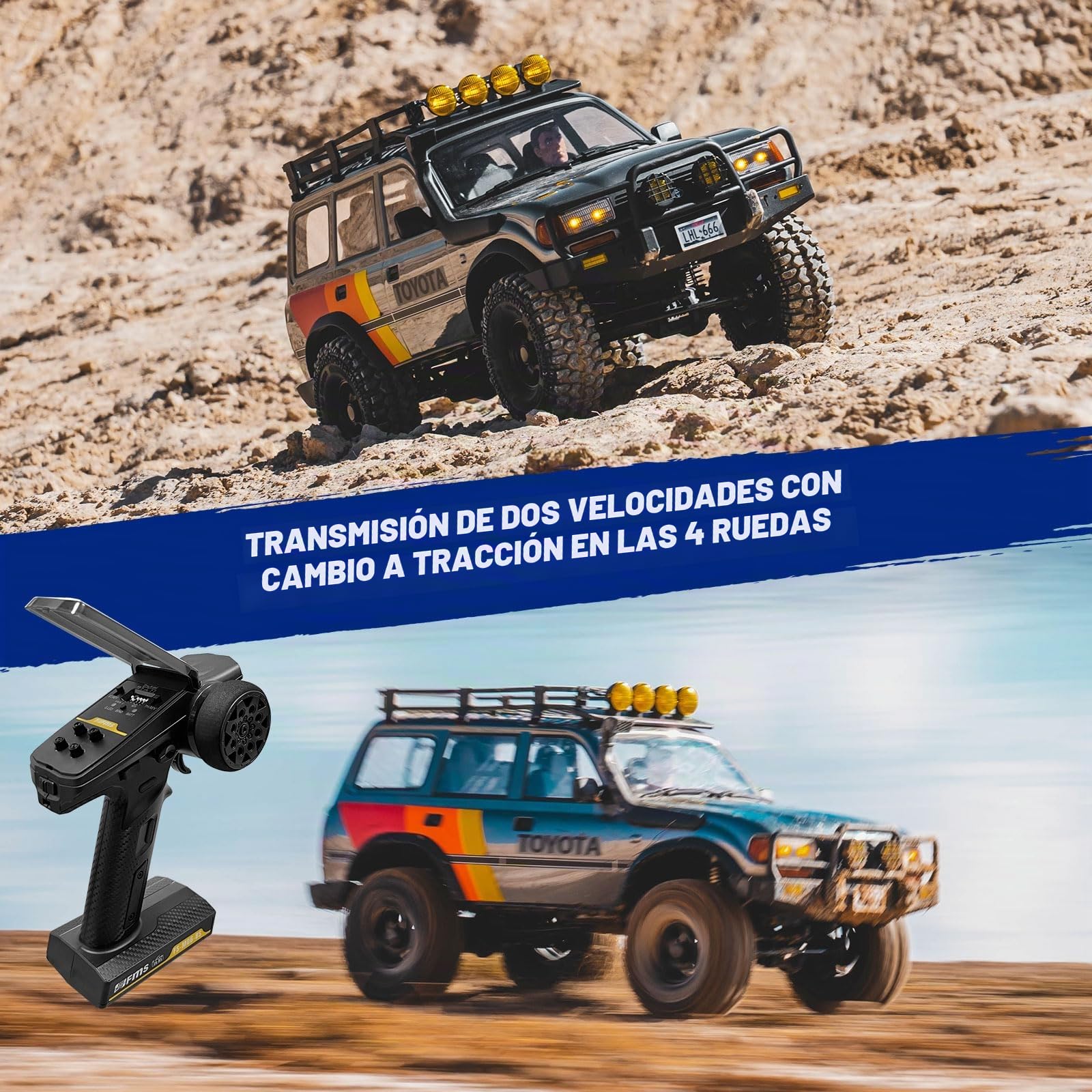 EAZYRC FMS FCX10 1/10 RC Crawler Land Cruiser 80 - Licencia oficial de Toyota, RC Rock Crawler de alto rendimiento 4X4, transmisión de dos velocidades, chasis de metal, luces LED realistas, coche RC
