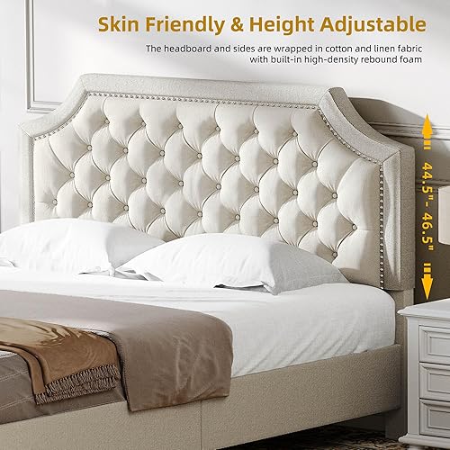 Miniatura 10 de DWVO Base de cama de terciopelo de tamaño matrimonial con cabecera ajustable, plataforma tapizada con botones profundos y decoración de remaches,
