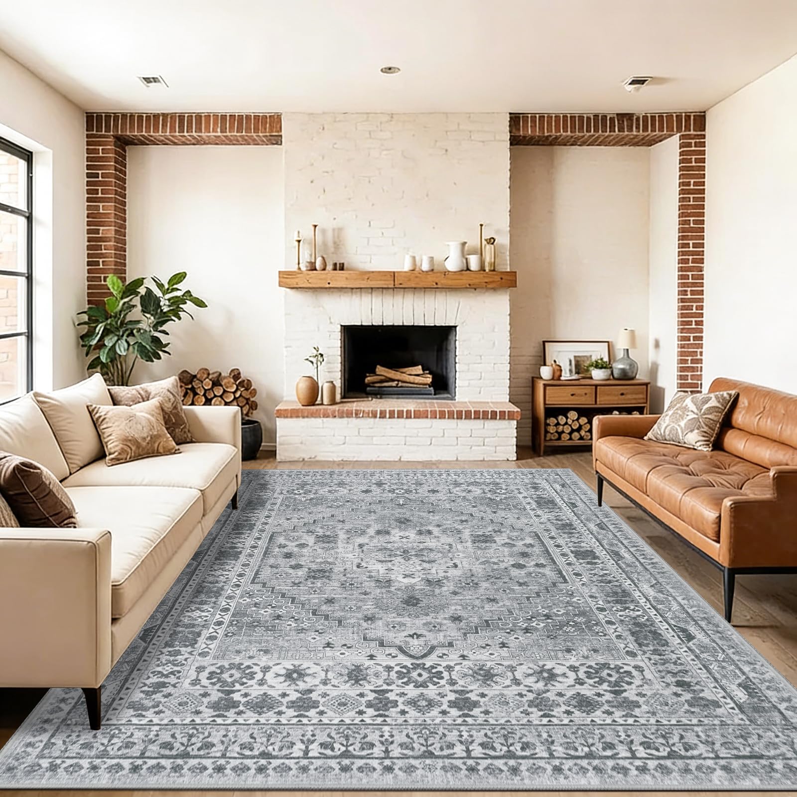 Capslpad Washable Rugs Living Room 240x340cm Distressed Vintage Area Rugs Non-Slip Traditional Oriental Bedroom Carpet Low Pile Thin Floor Mat Rug for Dining Room Kitchen Office Decor, Grey