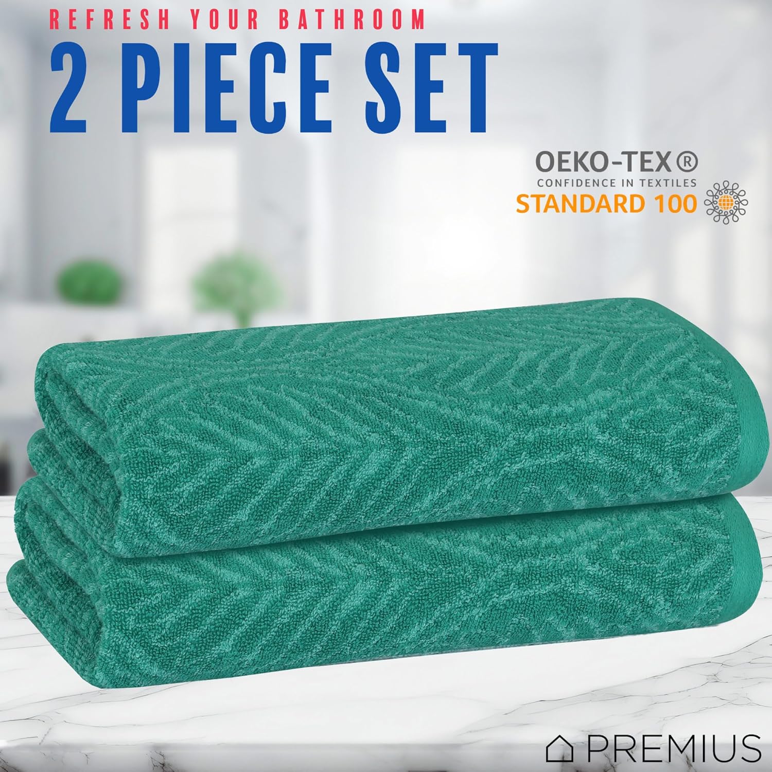 2 Pack Leaf Hand Towel, Bath Towel, and Bath Sheet, 100% Cotton Yarn Dyed, Lux Drying Experience, Great for Hands and Body, Perfect for Spa & Home Use (Green, Bath Towel)