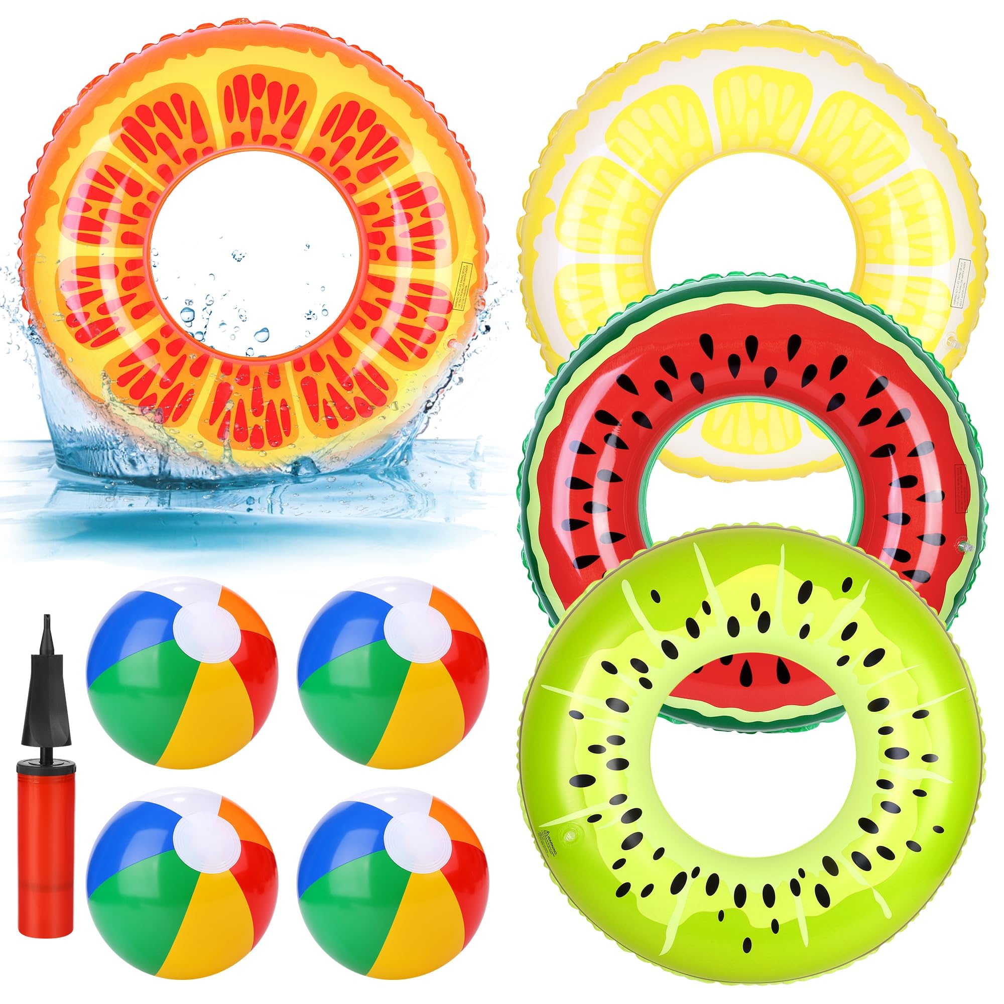 Elcoho 9 Pcs Beach Pool Party Favors, 4 Inflatable Pool Floats, 29.5" Fruits Swim Tubes Rings and 4 Pcs 9" Inflatable Beach Ball with Pump for Summer