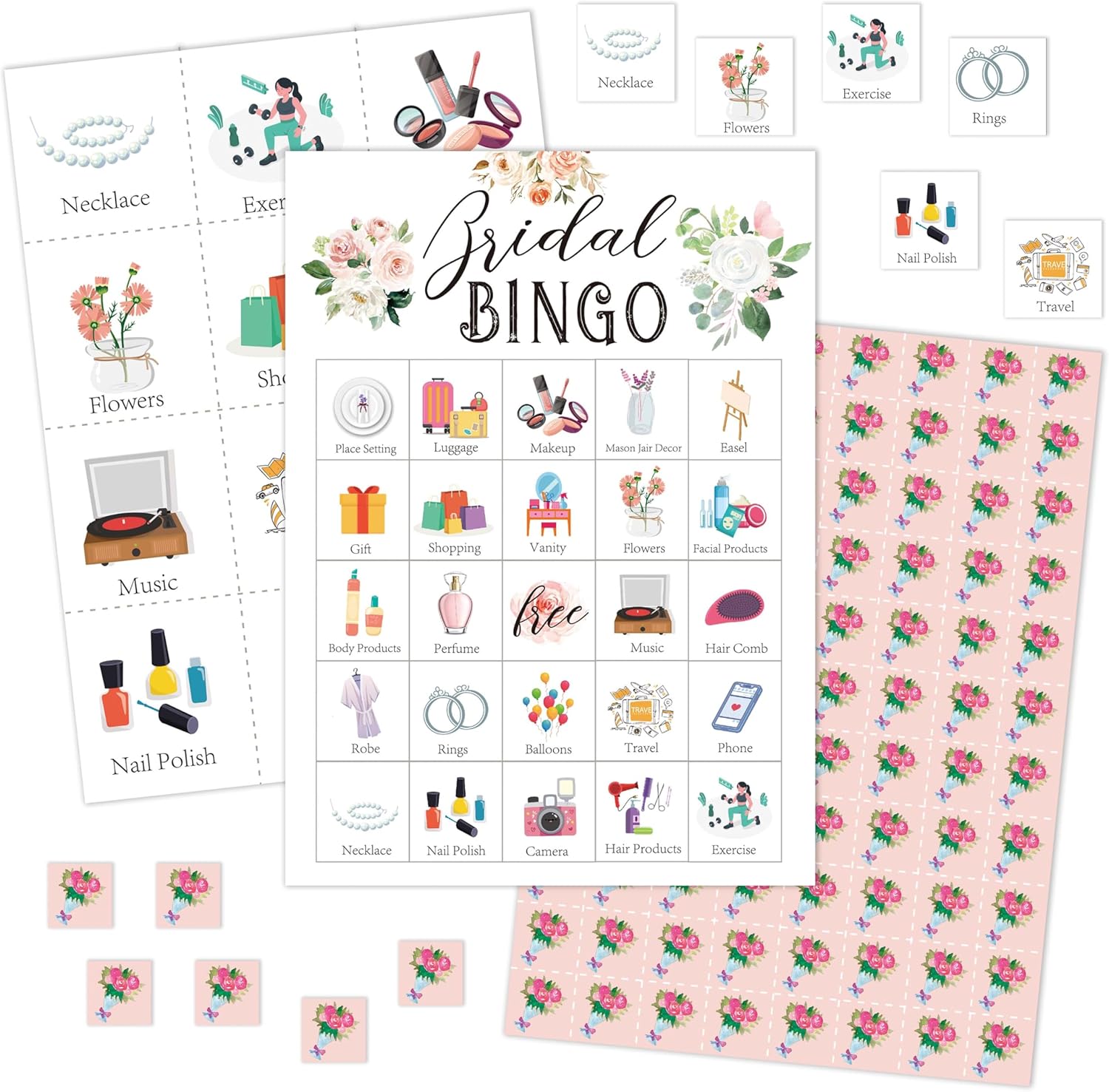 Bridal Bingo Games Cards, Bridal Shower Bingo Game Set, Blush Pink Floral Engagement Party Game, Wedding Party Bingo Supplies for Women Sister Friend Adult -19