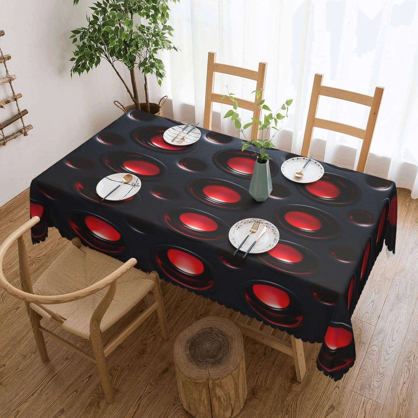 Nappe grille noire déperlante 137x183cm avec motif cercle rouge
