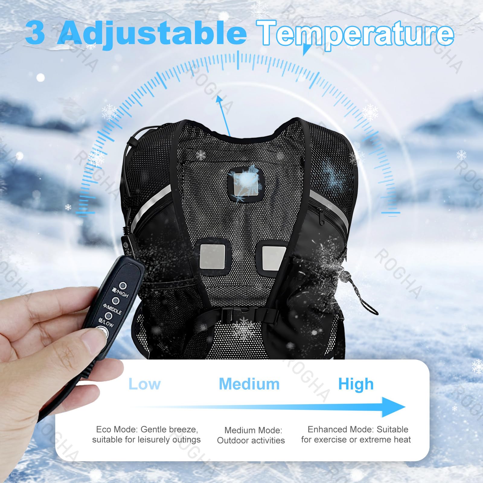 Gilet refrigerante a semiconduttori con 3 elementi refrigeranti, 3 velocità regolabili, batteria a lunga durata, lavabile (elementi rimovibili) — Ideale per escursioni estive e lavori all'aperto