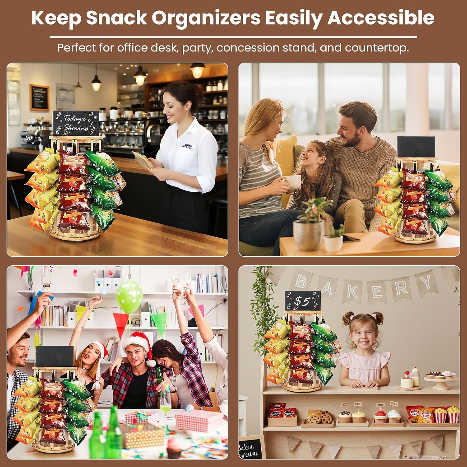 Chip Rack Display Stand Rotating Snack Organizer with Write-On Display Board - 360°Spinning Wooden Tiered Stand for Countertop, 5 Tier Circular Snack Rack for Pantry, Kitchen, Office