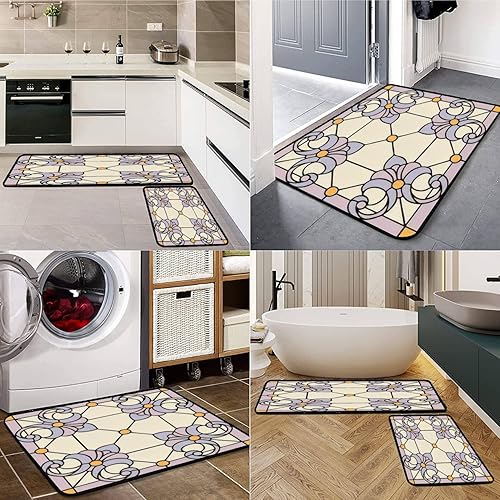 Miniatura 3 de Juego de alfombras de cocina de lirios franceses, composición simétrica, ilustraciones sin costuras, tapete de cocina manchado para suelo,