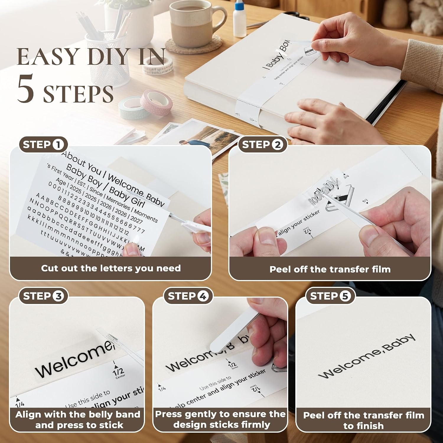Vienrose Baby Photo Album 4x6 Small Slip-In Photo Book with 600 Pockets, Cloth Cover Graduation Photo Album, Acid-Free Pages, DIY Custom Cover with Tweezers & Baby Themed Stickers, Beige