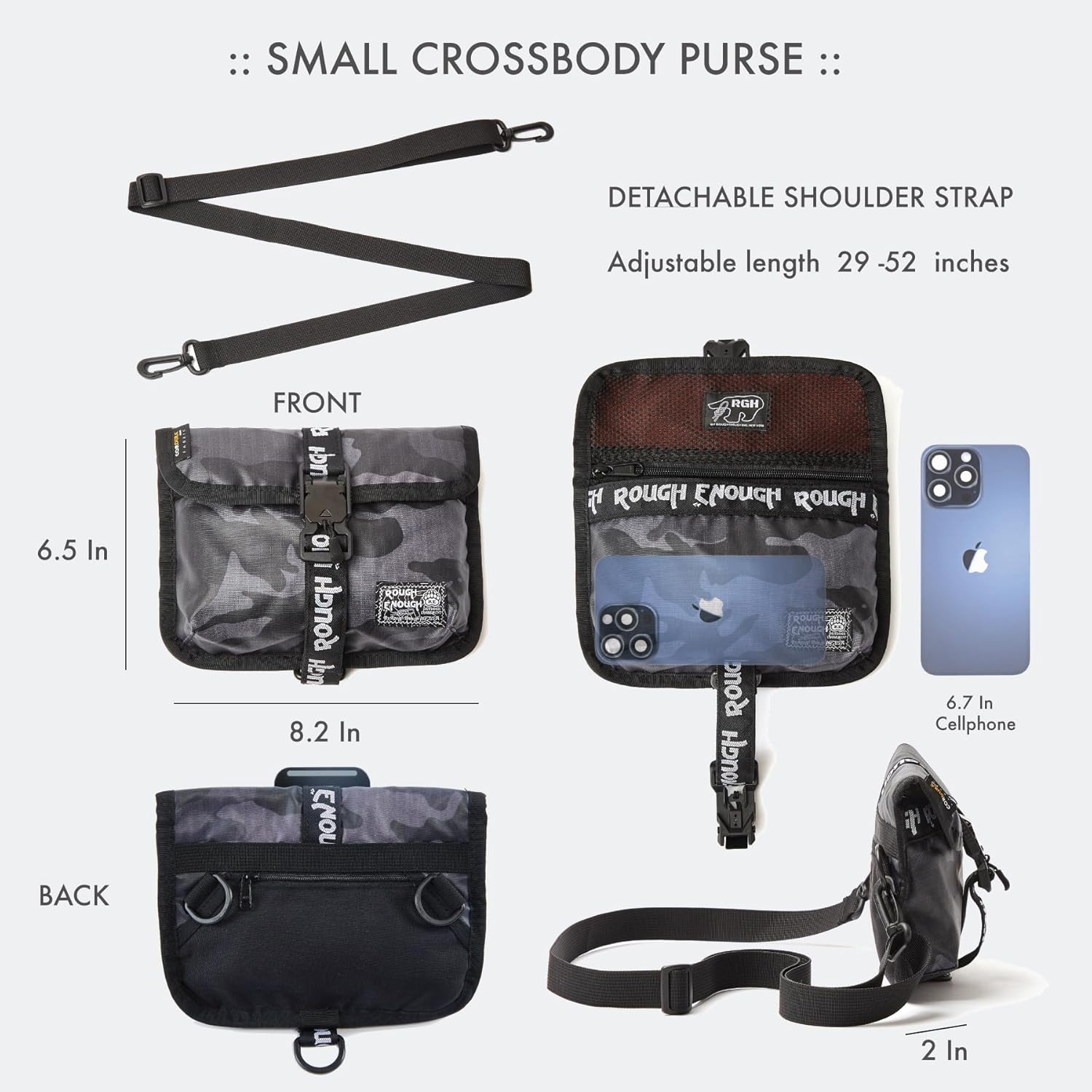 ROUGH ENOUGH Travel Purse Anti Theft Crossbody Bag Small Mini– 500D Cordura Camo with Adjustable Strap and Secure Compartments for Men, Hiking, Camping, Traveling