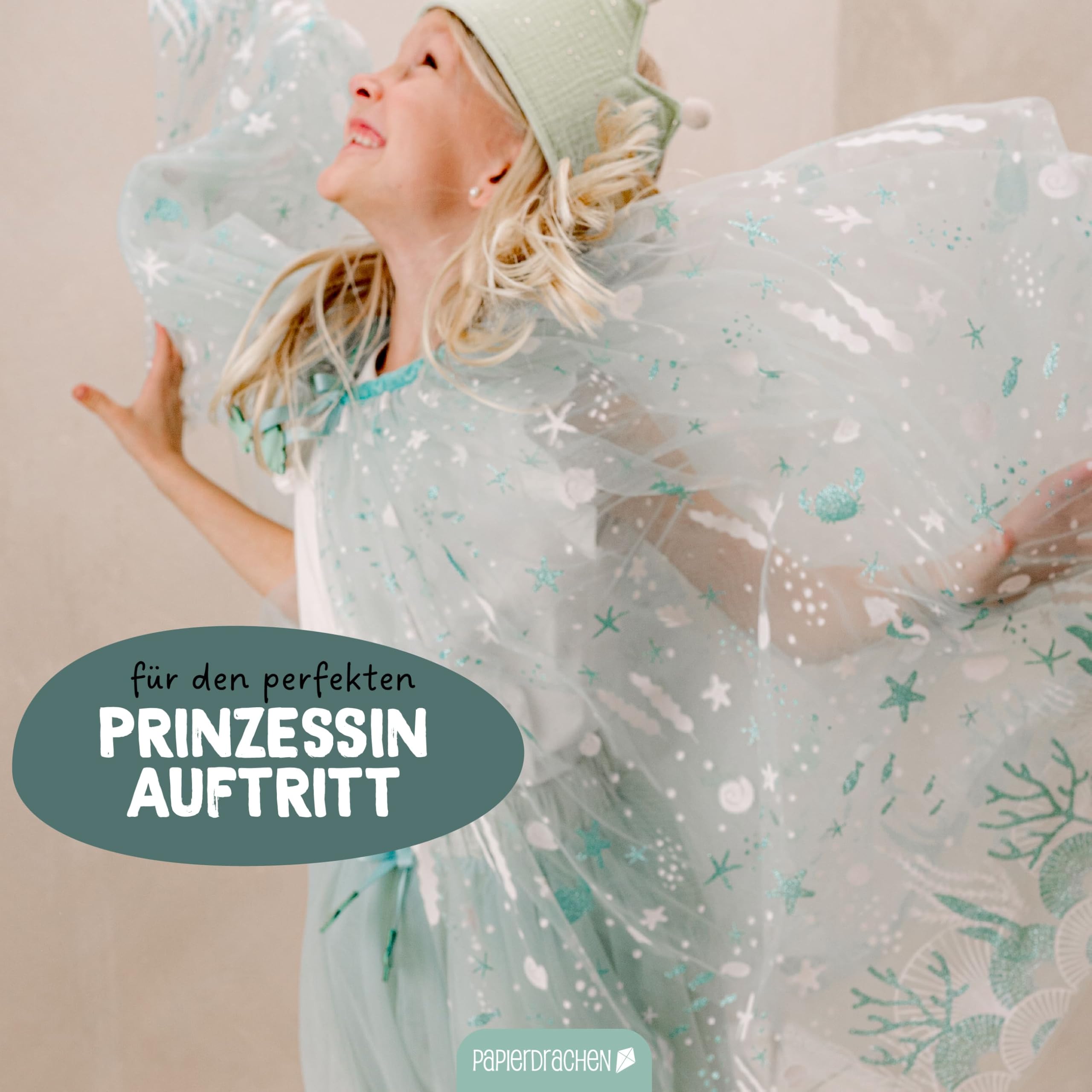 Papierdrachen Tulle Cape - Mint - with Sea Creatures - Glittering - Fancy Dress - Cape - Children's Costume - One Size - Set 04 - Image 4