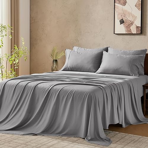 GOKOTTA - Juego de sábanas tamaño queen, 100% rayón Tanboocel derivado del bambú, 6 piezas, suaves, sedosas y transpirables, esquinas de 16" y tiras