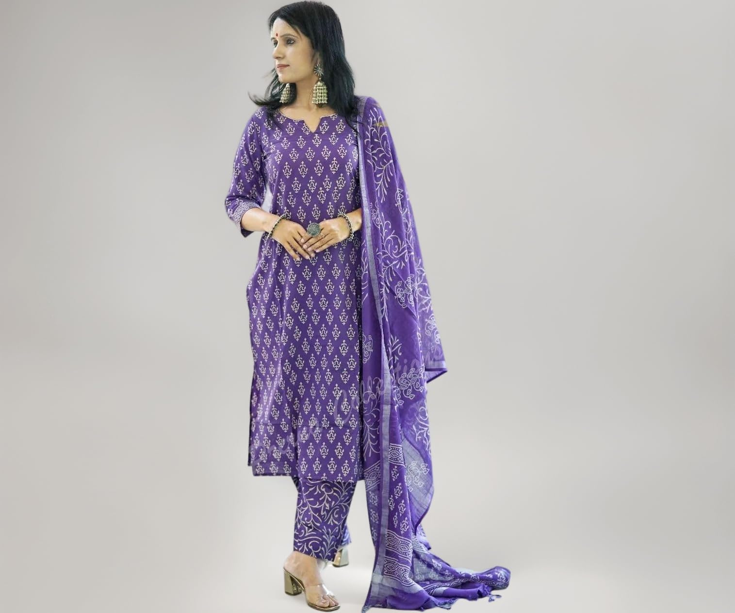 Women's Cotton Printed Straight Kurta with Palazzo & Dupatta Set