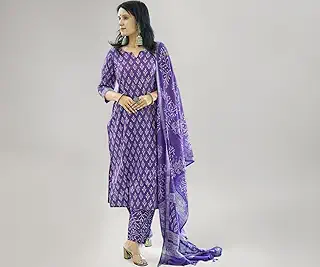 MEERA FAB Women's Cotton Printed Straight Kurta with Palazzo & Dupatta Set