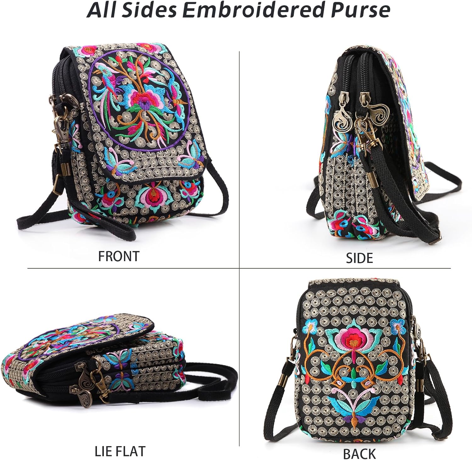 Embroidery Flowers Canvas Crossbody Bag, Women Messenger Bag, Cellphone Pouch Purse - Image 7