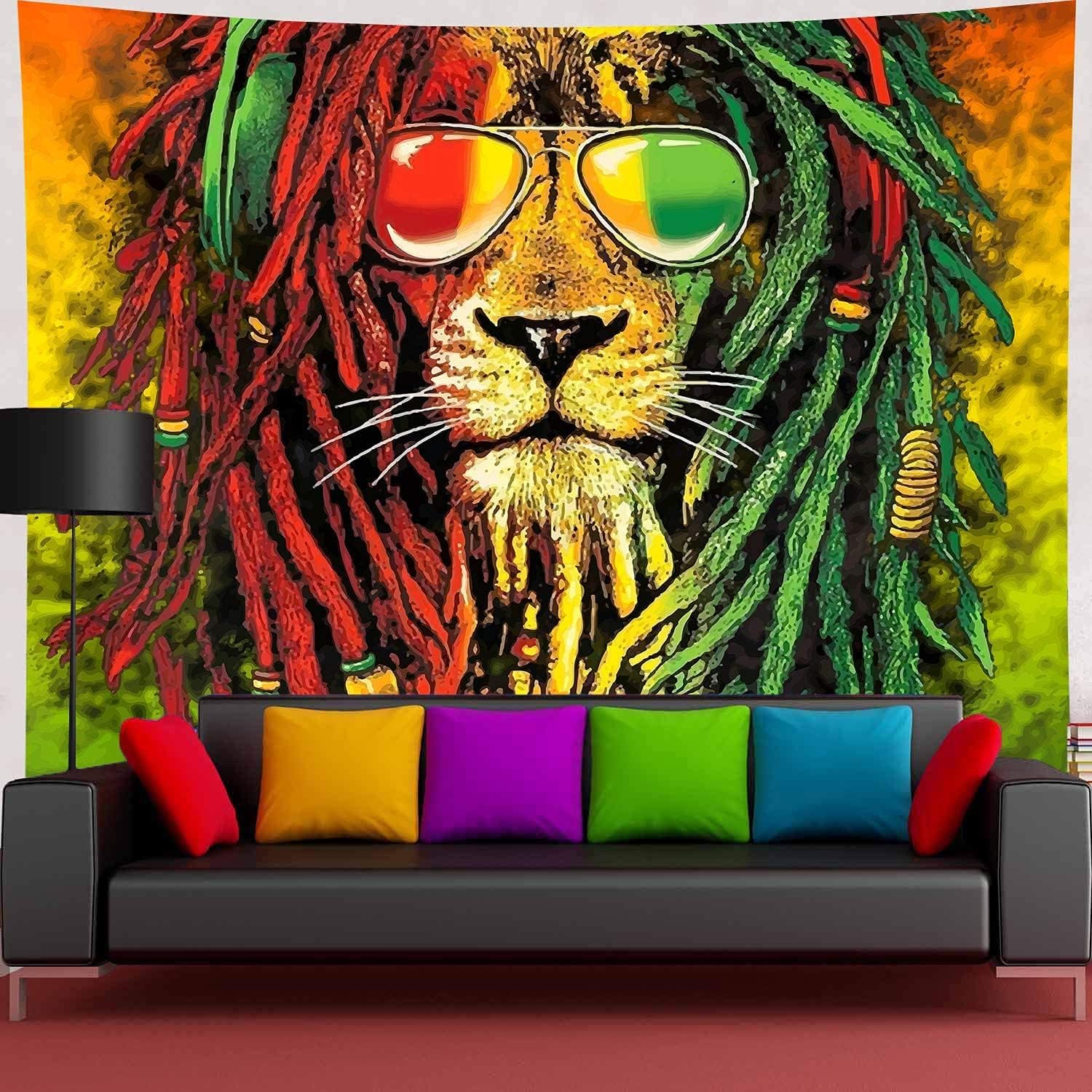 Simsant Rasta Rastafarian Tapestry Lion Head Bob Tapestry Wall Hanging Backdrop for Living Room Bedroom Dorm Psychedelic Decor Tapestry (100"x90")