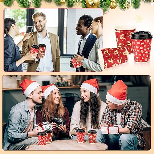 Miniatura 5 de Maxcheck 100 tazas de Navidad con tapa, tazas de café desechables de 12 onzas a granel, tazas de papel de pared onduladas aisladas, tazas de té