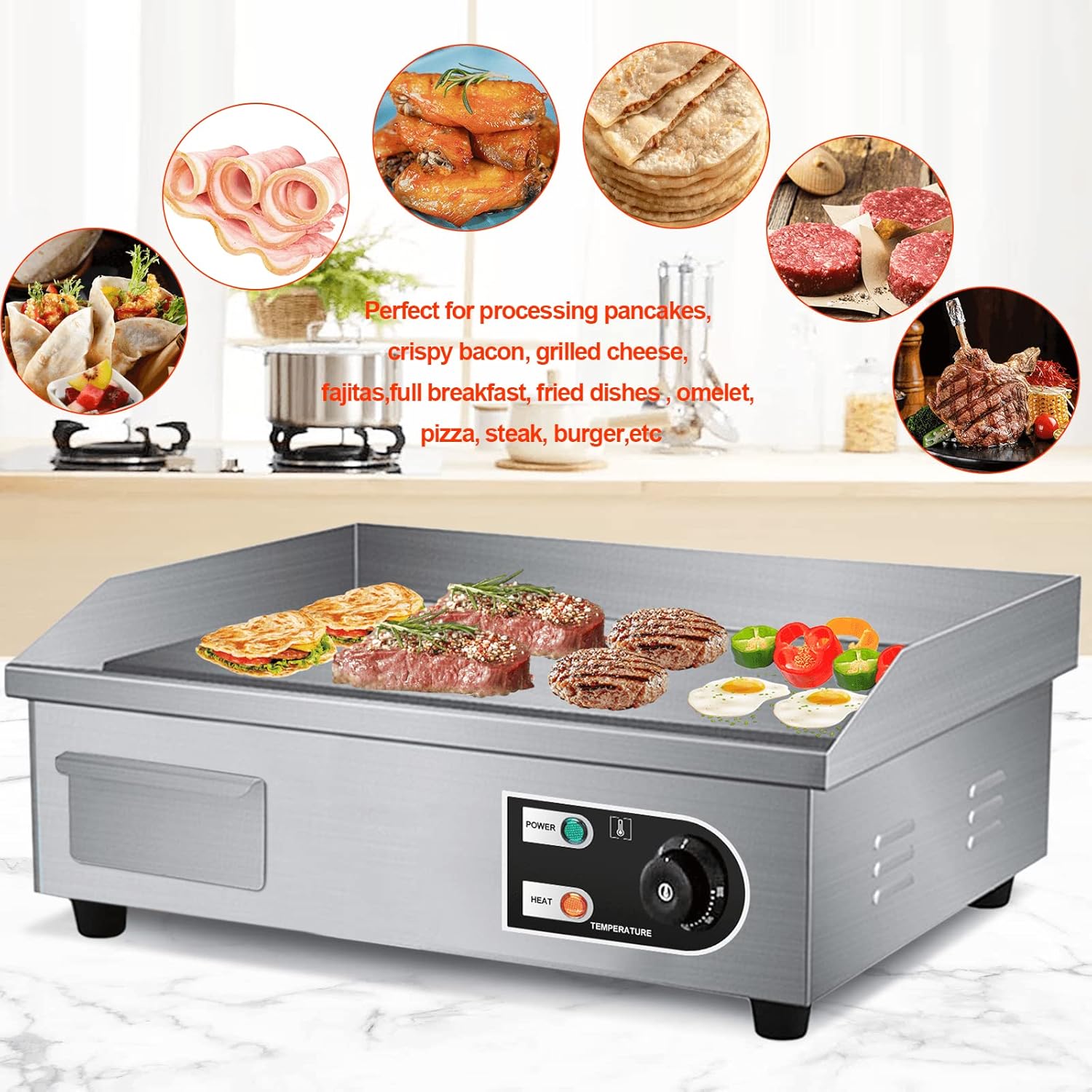 Shikha 22'' Electric Countertop Griddle,110V 3000W Non-Stick Commercial Restaurant Teppanyaki Grill Stainless Steel Adjustable Temperature Control 122°F-572°F