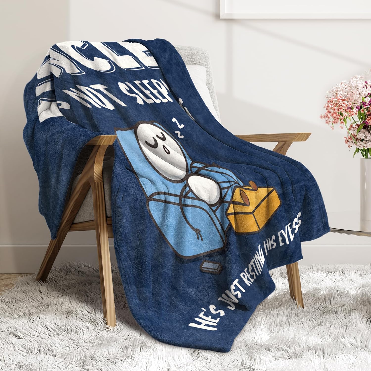 Funny Uncle Birthday Gifts from Niece Nephew, Uncle is not Sleeping Blanket, Gifts for Uncle Birthday, Fathers Day, Super Soft Flannel Throw Blanket for Napping and Couch, 60”×50” (Navy Blue)
