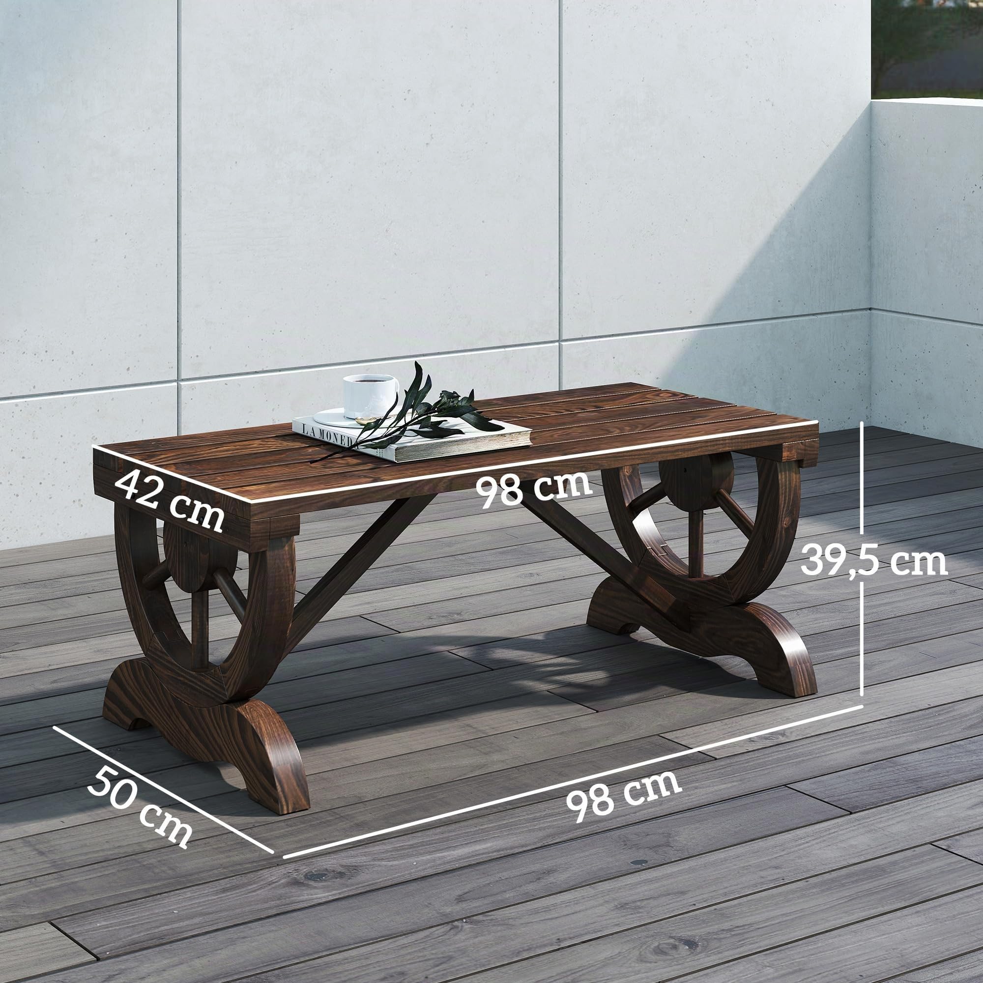 Outsunny Banco de Jardín de 2 Plazas Banco de Madera con Ruedas Decorativas Estilo Rústico Carga 250 kg para Patio Terraza Balcón 98x50x39,5 cm Carbonizado