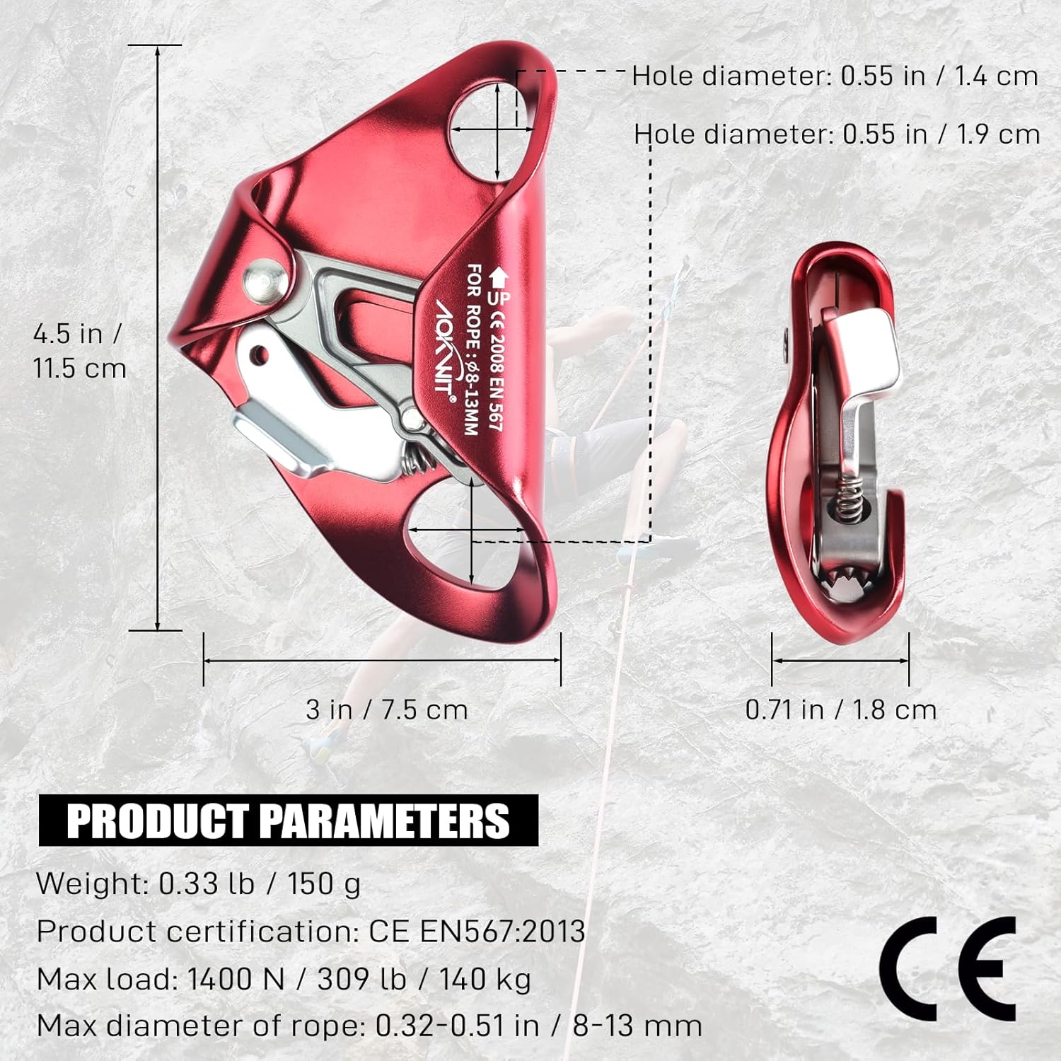 Chest Ascender Tree Climbing Gear Rope Grab High-Strength Aluminum Alloy Rappelling Equipment CE Certified for Rock Climbing Rescue Aerial Work Mountaineering Caving Arborist Work 8-13mm Ropes