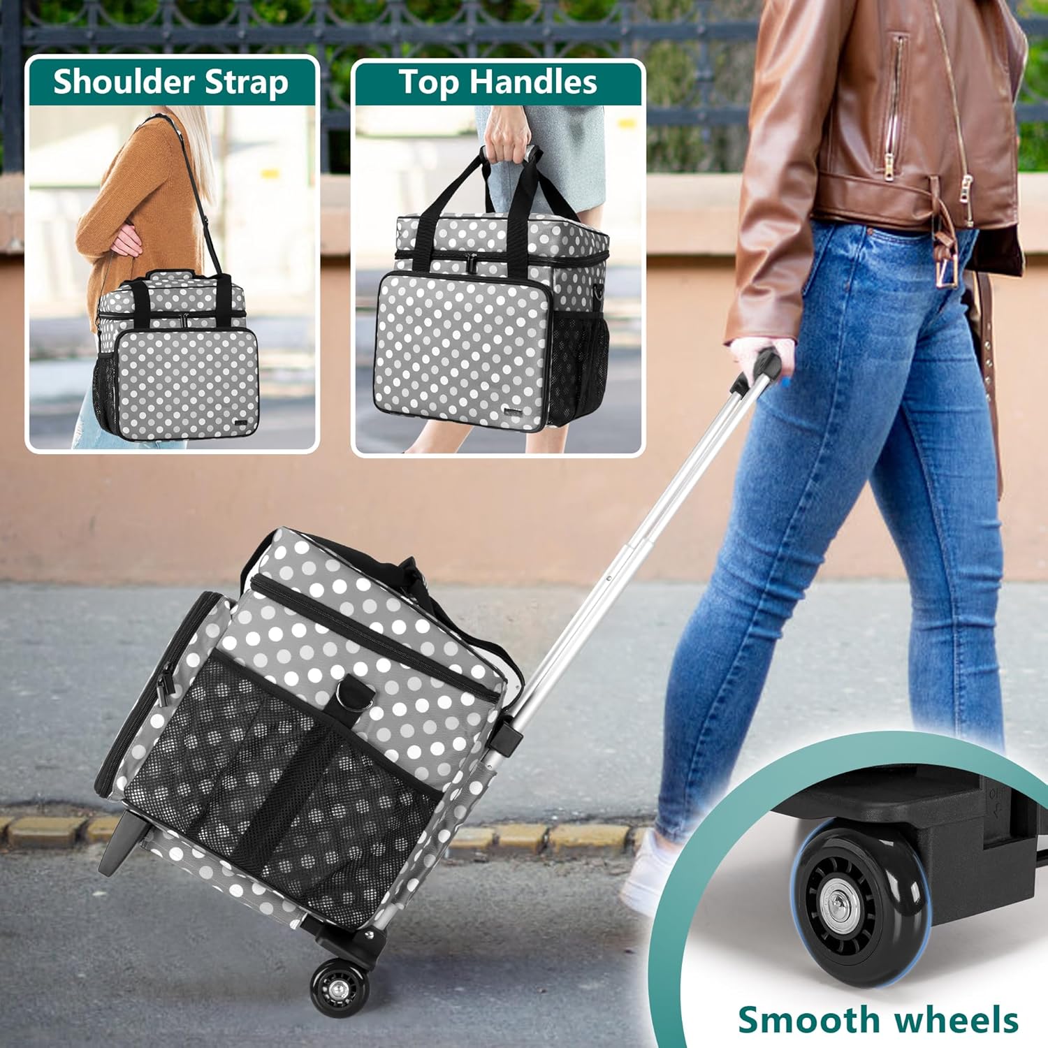 LUXJA Rolling Teacher Tote Bag with Bottom Support Pad, Multifunctional Teacher Bag with Detachable Dolly (Patented Design), Polka Dots - Image 6