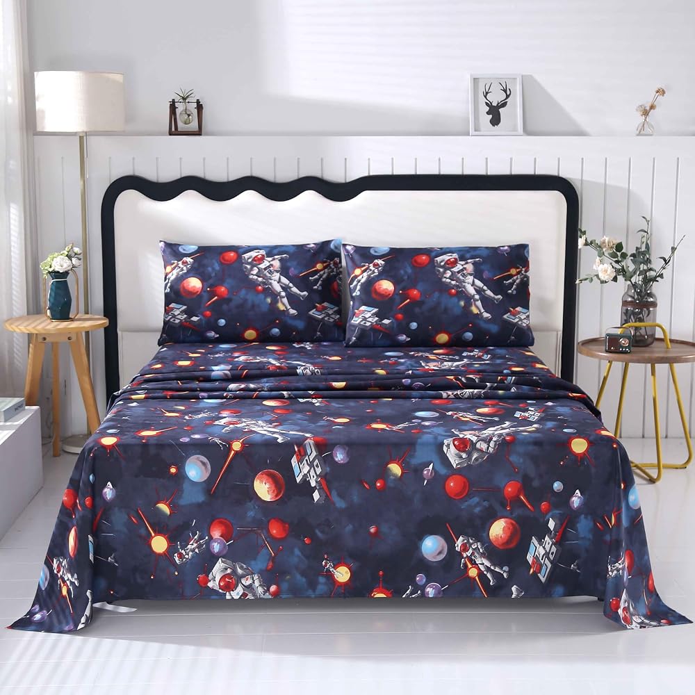 SDY 4 PCS Bedding Sheets Set,Astronaut Space Cute Print Sheet Set with 1 Deep Pocket Fitted Sheet & 1 Top Flat Sheet & 2 Pillowcases for Kids Teens Boys Girls (Twin,Astronaut)…
