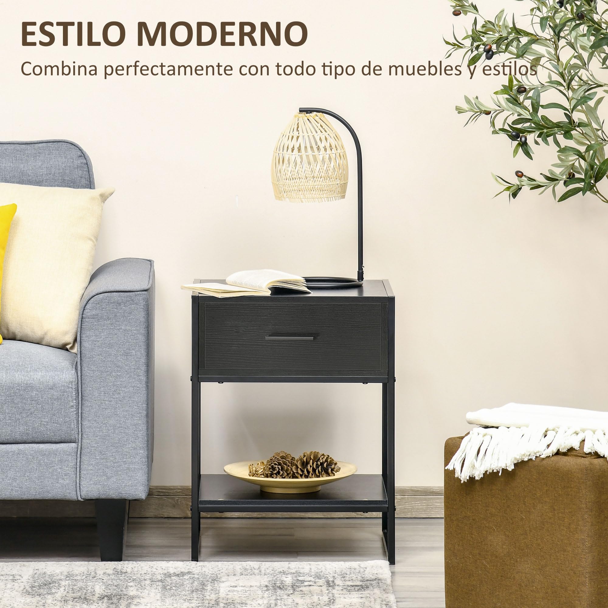 HOMCOM 2 Mesitas de Noche Mesas Auxiliares con Cajón y Estante de Abierto Estilo Moderno para Dormitorio Salón Cama Oficina 45x40x60 cm Negro