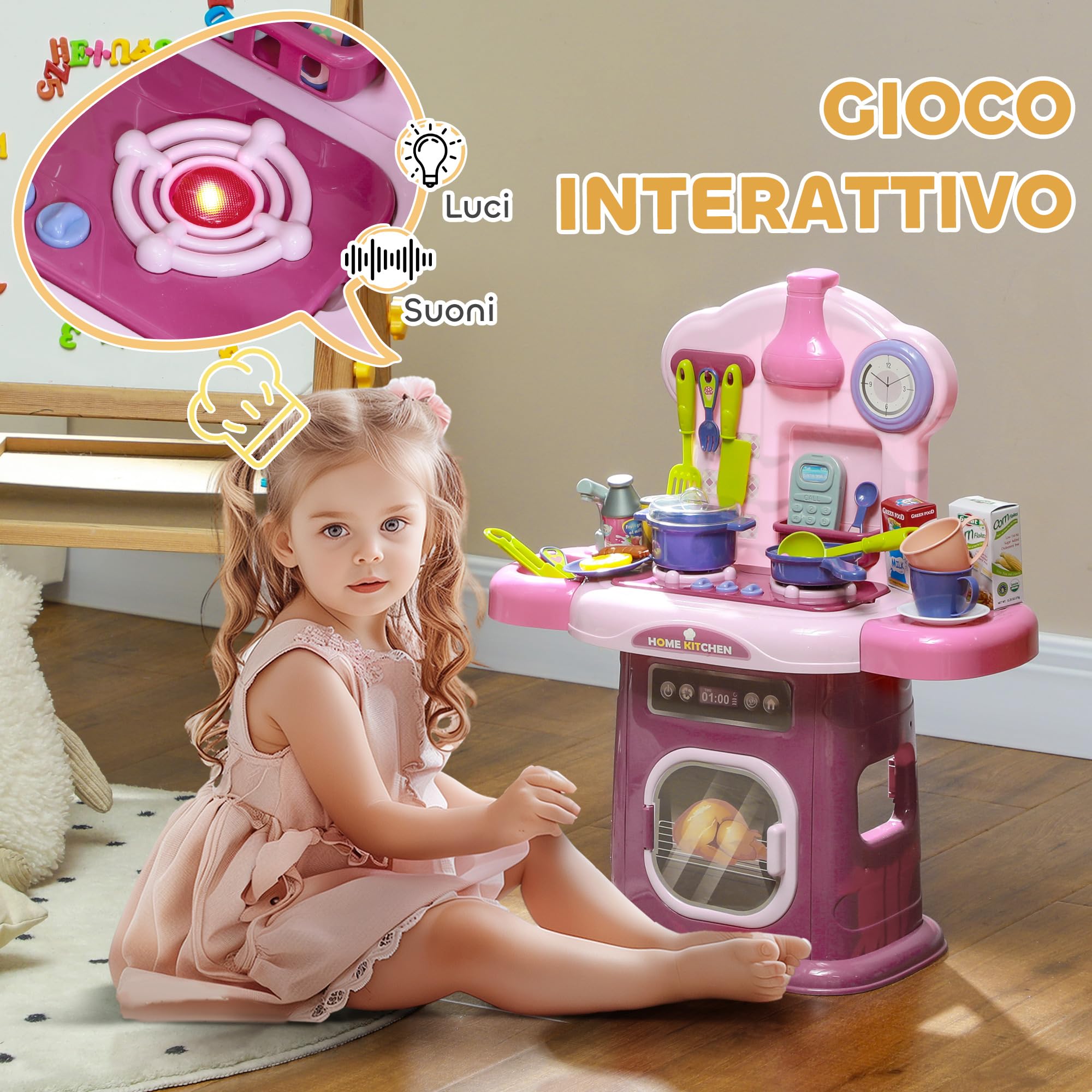 AIYAPLAY Cucina Giocattolo per Bambini 3-6 Anni con 38 Accessori, Suoni Realistici e Luce del Fornello, Gioco per Bambini in PP e ABS, 51x21x60 cm, Rosa