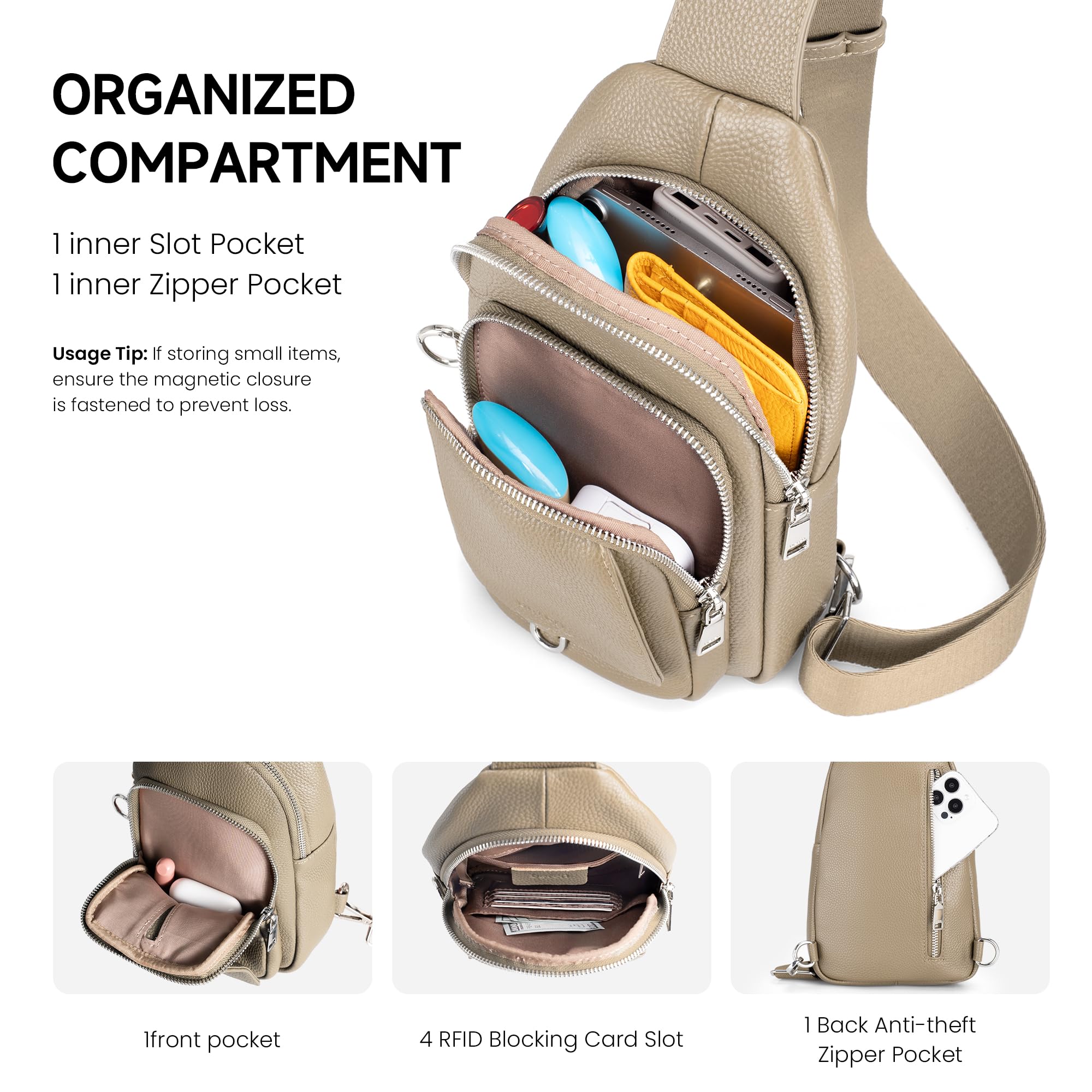 befen Borsa a Tracolla per Donna Anti-taccheggio in Vera Pelle con Protezione RFID – Sling Bag Borsello Tracolla Viaggio per Trekking, Lavoro, Sport