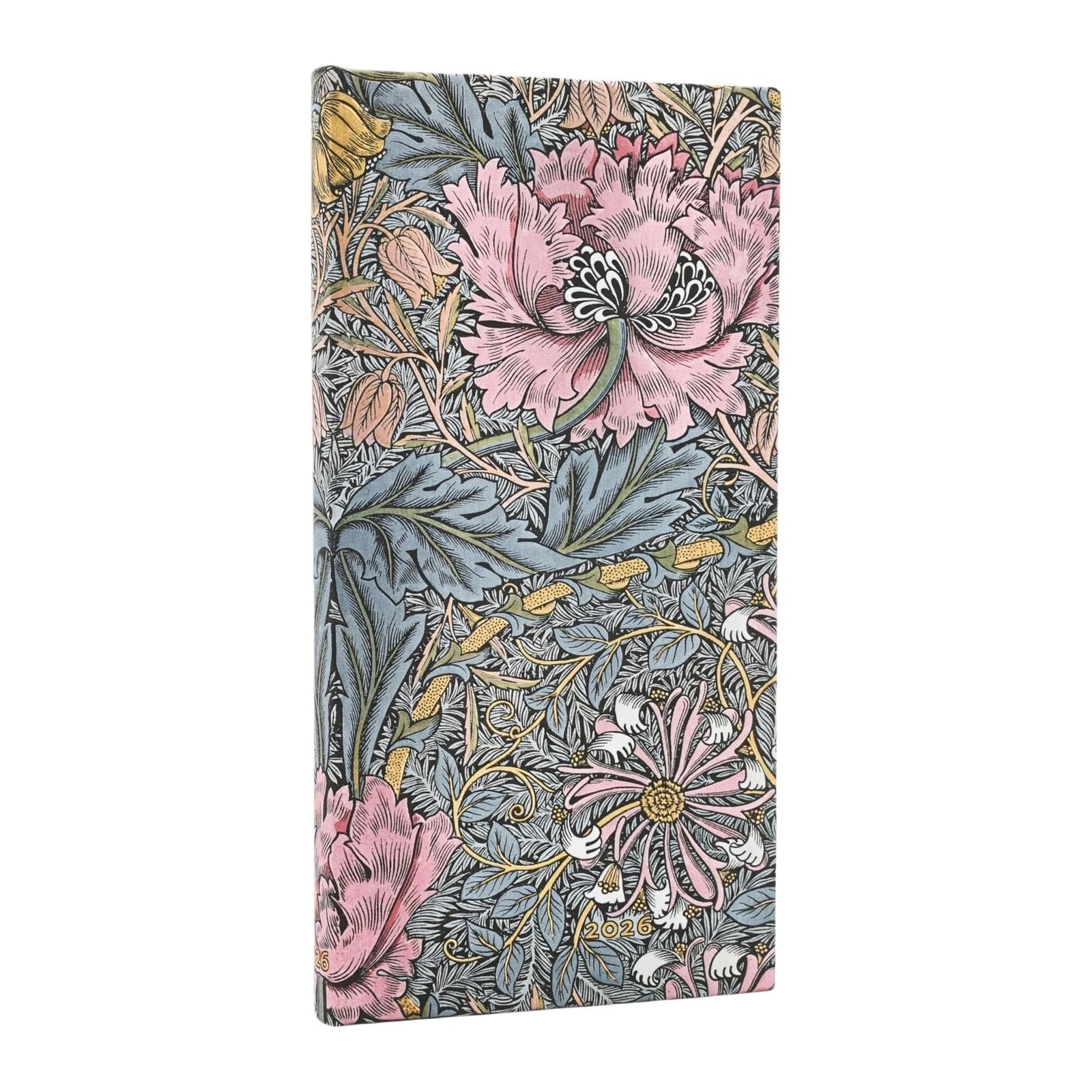 2026 Morris Pink Honeysuckle (William Morris) Slim 12-month Horizontal Hardcover Flexi Dayplanner 2026 (Elastic Band Closure)