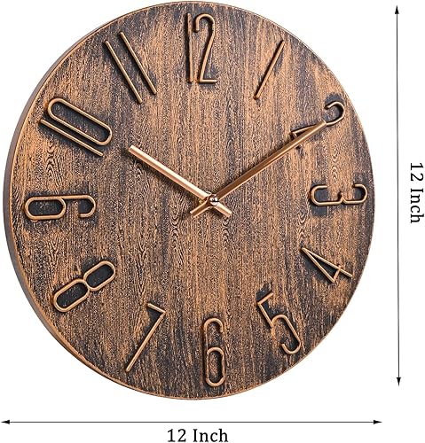 Miniatura 2 de Relojes de pared de 12 pulgadas Silencioso Estilo Vintage Reloj de pared de madera para cocina, dormitorio, oficina (bronce)