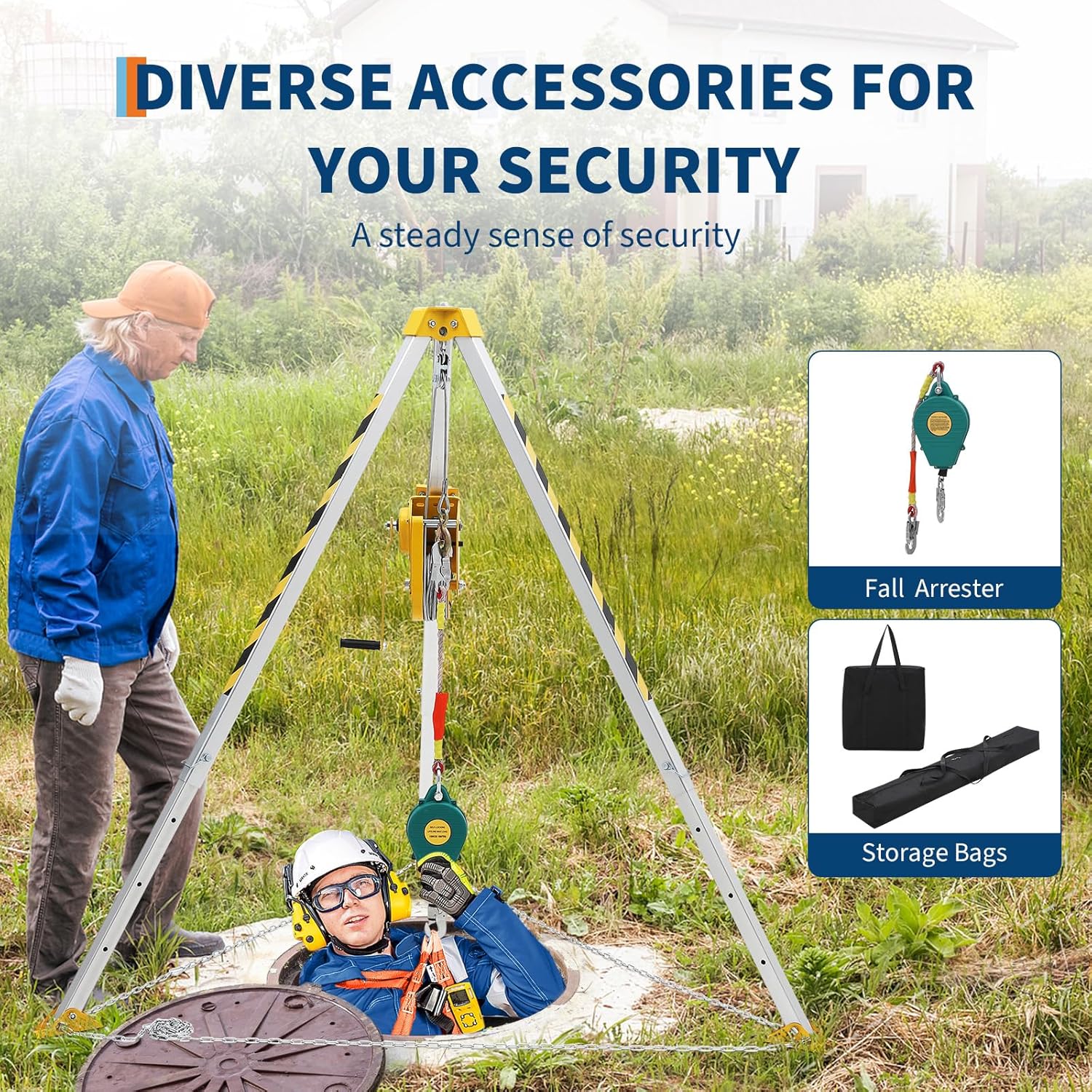 Confined Space Rescue Tripod Kit with 1200 lbs Winch, 7 ft Legs, 98 ft Cable, Steel Construction, 33 ft Fall Protection and Storage Bag for Traditional Confined Spaces Safety