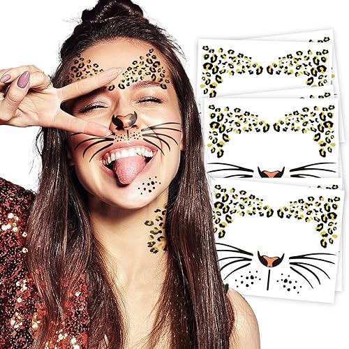 Paquete de 6 tatuajes temporales de cara de leopardo feroz, kit de rayas realistas para nariz, bigotes y frente para Halloween, fiestas de disfraces