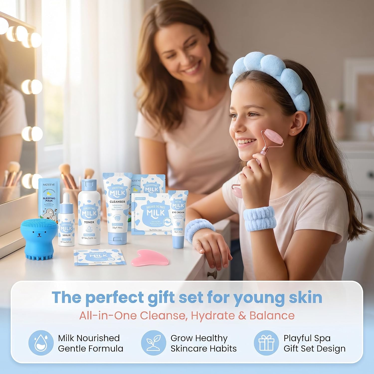 Milk Skincare Set 18PCS for Girls & Teens, Complete Facial Care Kit with Cleanser Toner Serum Eye Cream Lip Mask Clay Mask Moisturizer, Face Brush Gua Sha Tools & Headband Gift Set
