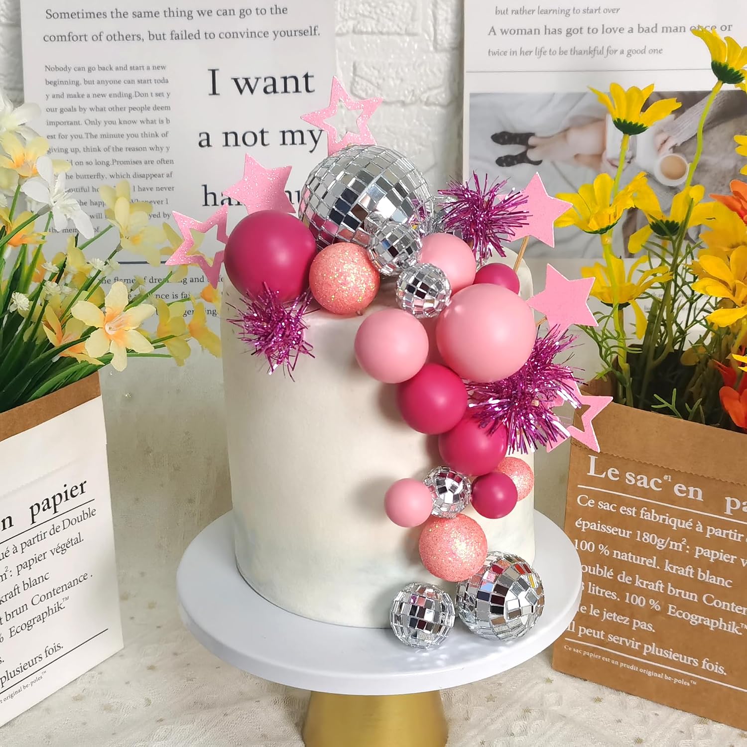 Pink Disco Ball Cake Topper Mirror Ball Decorations for Disco Birthday