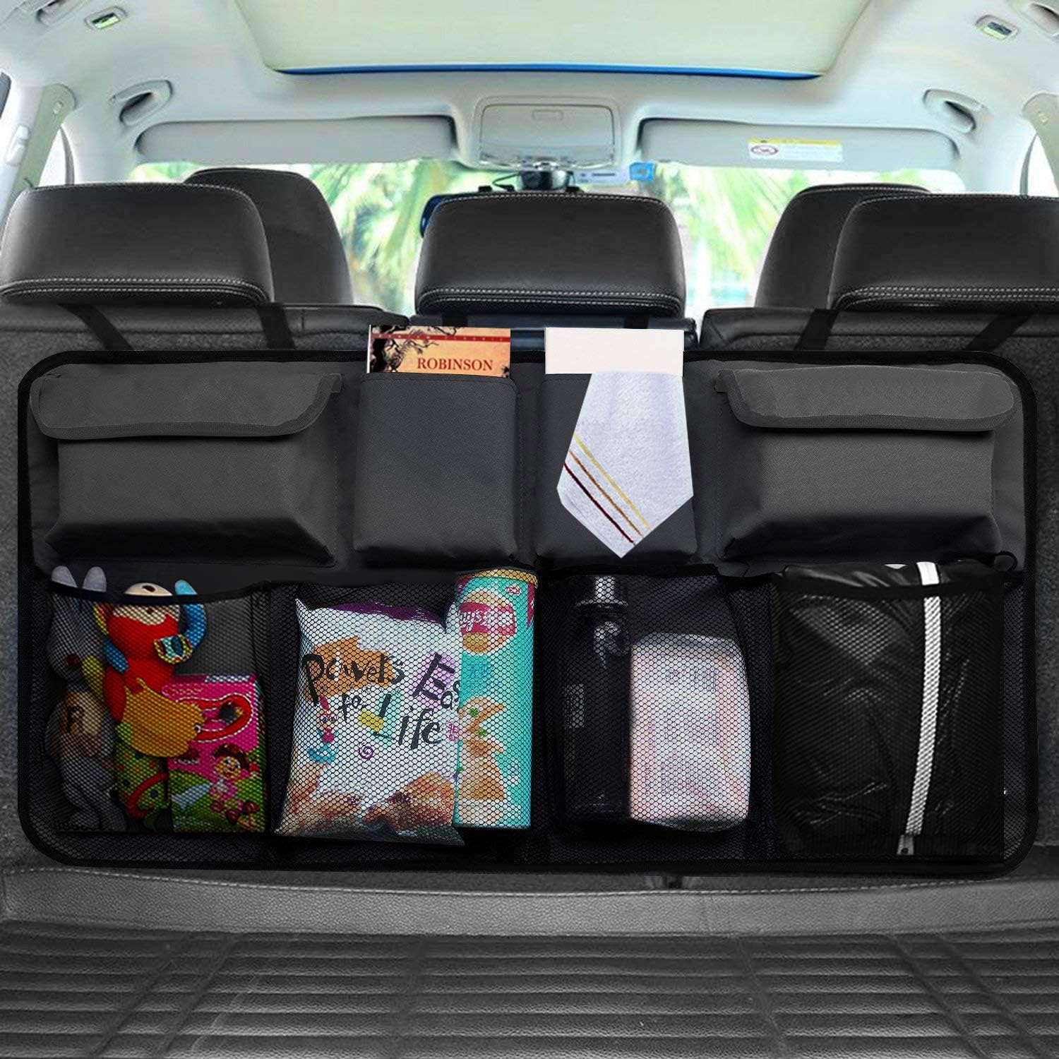 UEOTO Car Boot Organiser, Car Back Seat Storage Bag Trunk Organizer with Washable Oxford for SUV Truck Van, Foldable Car Boot Tidy Organiser with Magic Sticker for Space Saving Black