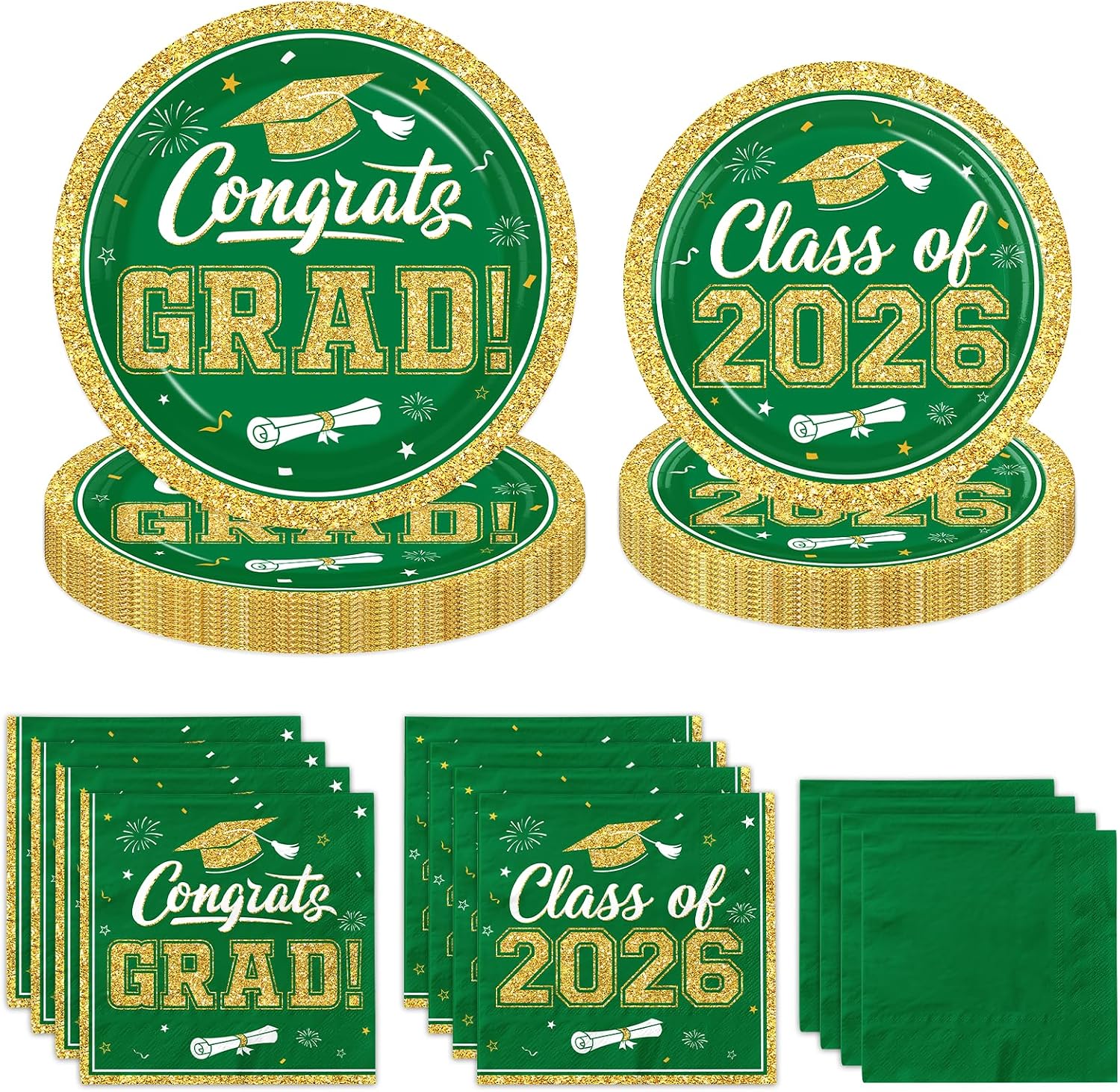 Graduation Plates and Napkins 2026,200pcs Green and Gold Graduation Decorations 2026 Disposable Congrats Grad Paper Plates for Class Of 2026 Graduation Green and Gold Party Decorations,Serve 50