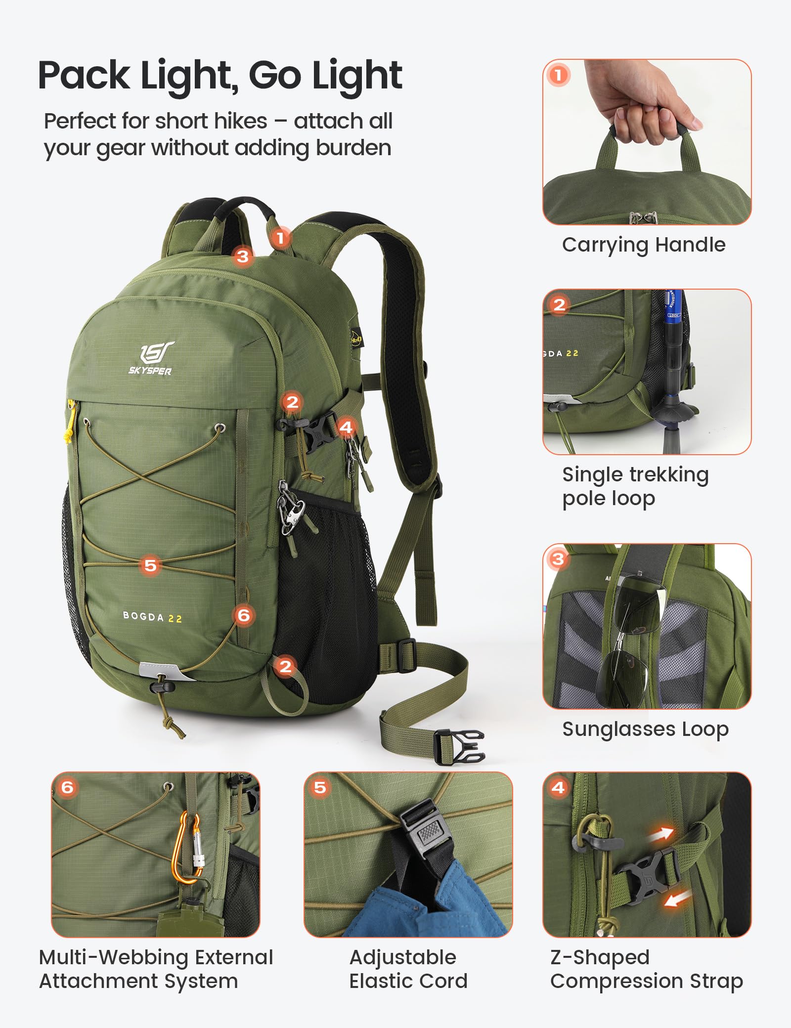 SKYSPER 22L Zaino da Trekking Uomo Donna Zaino Escursionistico | Leggero Zaino Montagna Antifurto in Air Mesh Traspirante per Escursionismo Viaggio Gite Giornaliere