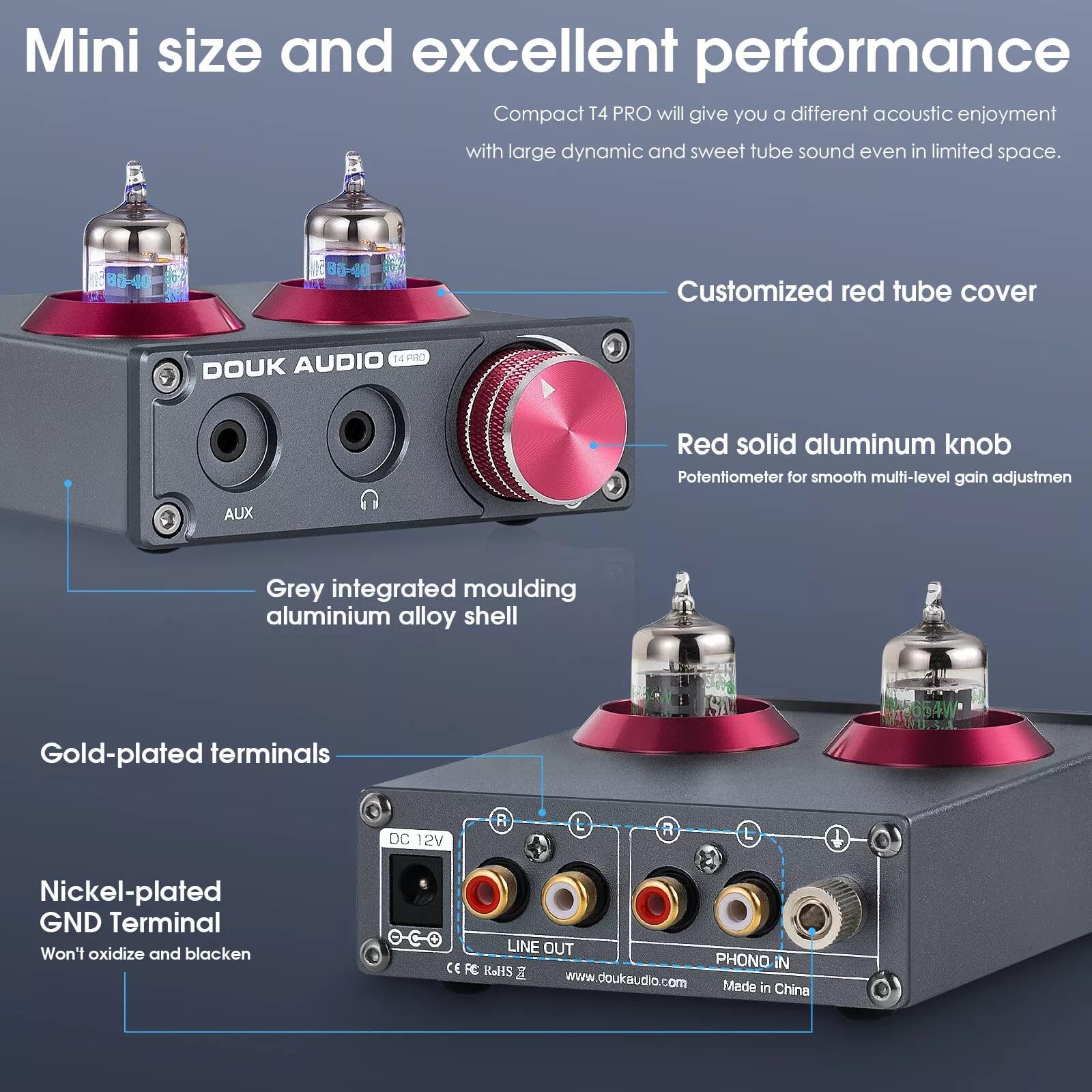 Douk Audio Mini 5654 Tubo di Vuoto Preamplificatore Phono Home Stereo Audio Preamplificatore Cuffia Amp (T4 PRO)