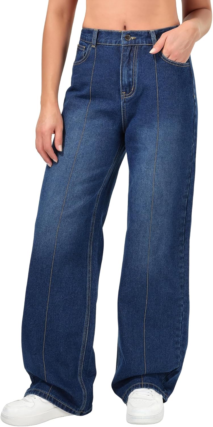 roswear Womens Wide Leg Jeans Loose Fit Front Seam Streetwear Winter Denim Pants