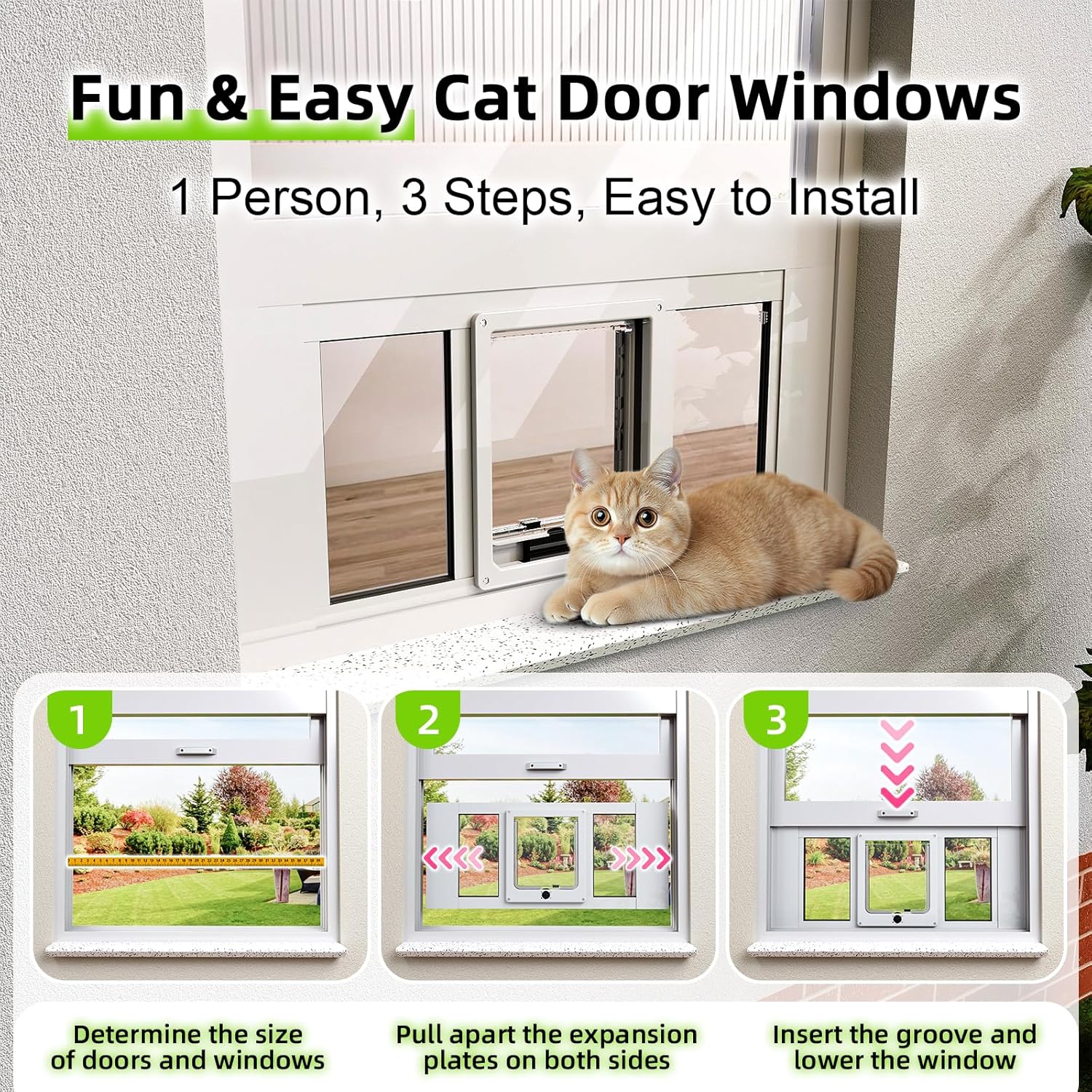 Cat Door for Window, Aluminum Cat Door Window Insert with 4 Secure Lock Modes, Magnectic Closure for Cats, Fit Window Width 24"-28", White