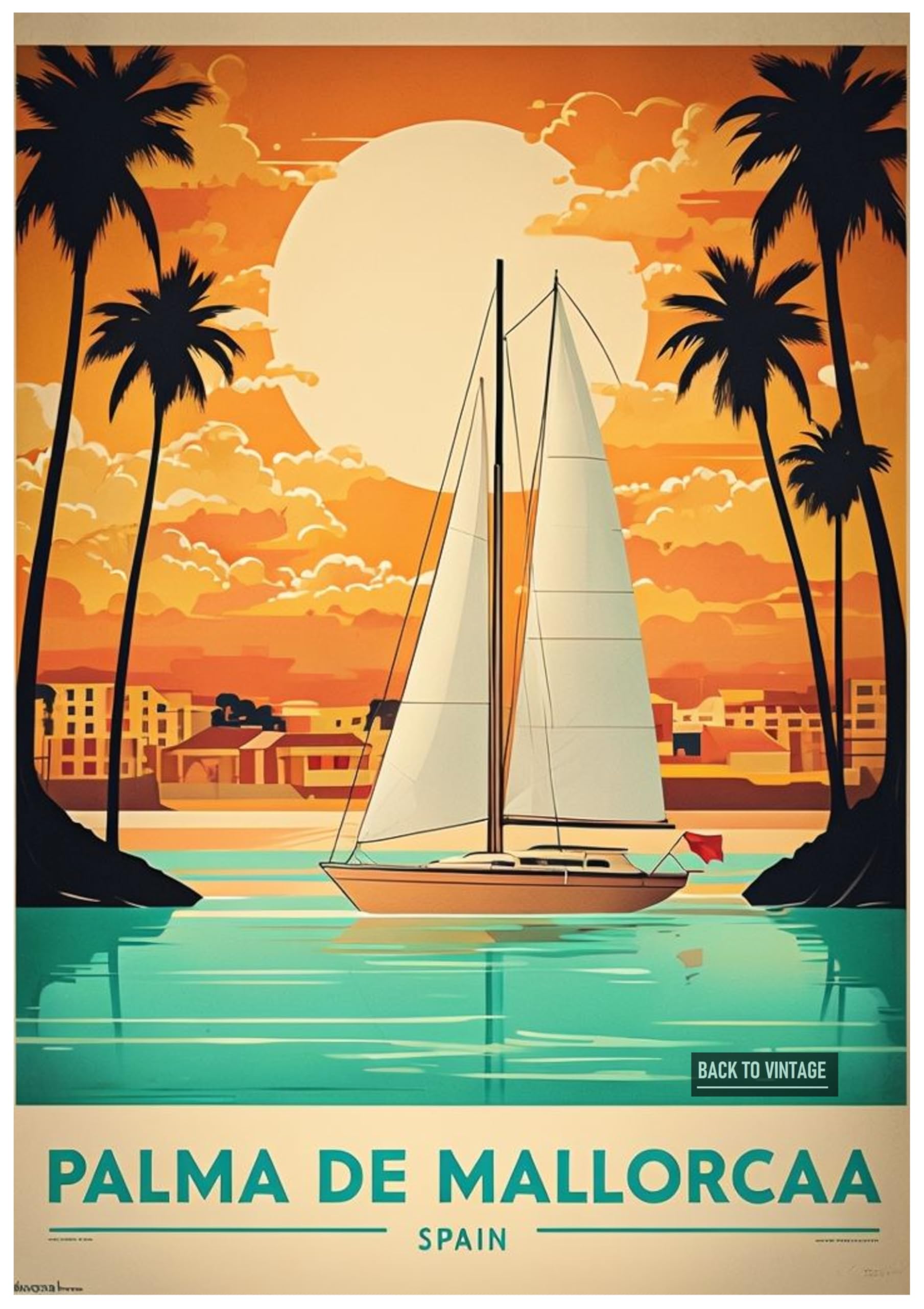 Back To Vintage Multicoloured Vintage Travel Poster Depicting Palma De Mallorca Serenity - Retro Europe Travel Poster A4 Size Vintage Wall Art Print Of Famous European Destinations Ideal For Home Or Office Decor
