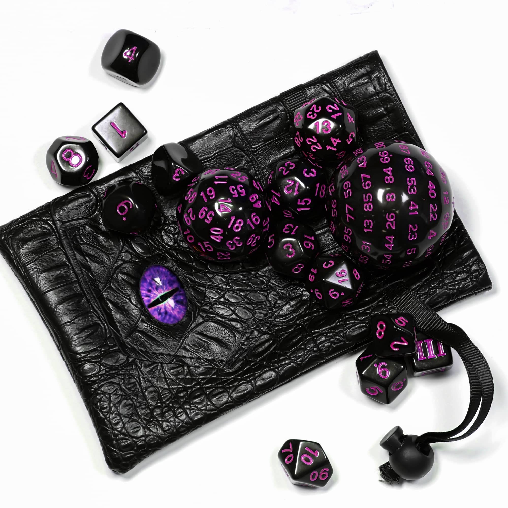 Poludie 15 Pieces Complete Polyhedral DND Dice Set D3-D100 Spherical D&D Dice Set with Dragon Eye Dice Bag, D100 Dice for Dungeons and Dragons, RPG Table Games(Black w/Purple Numbers)