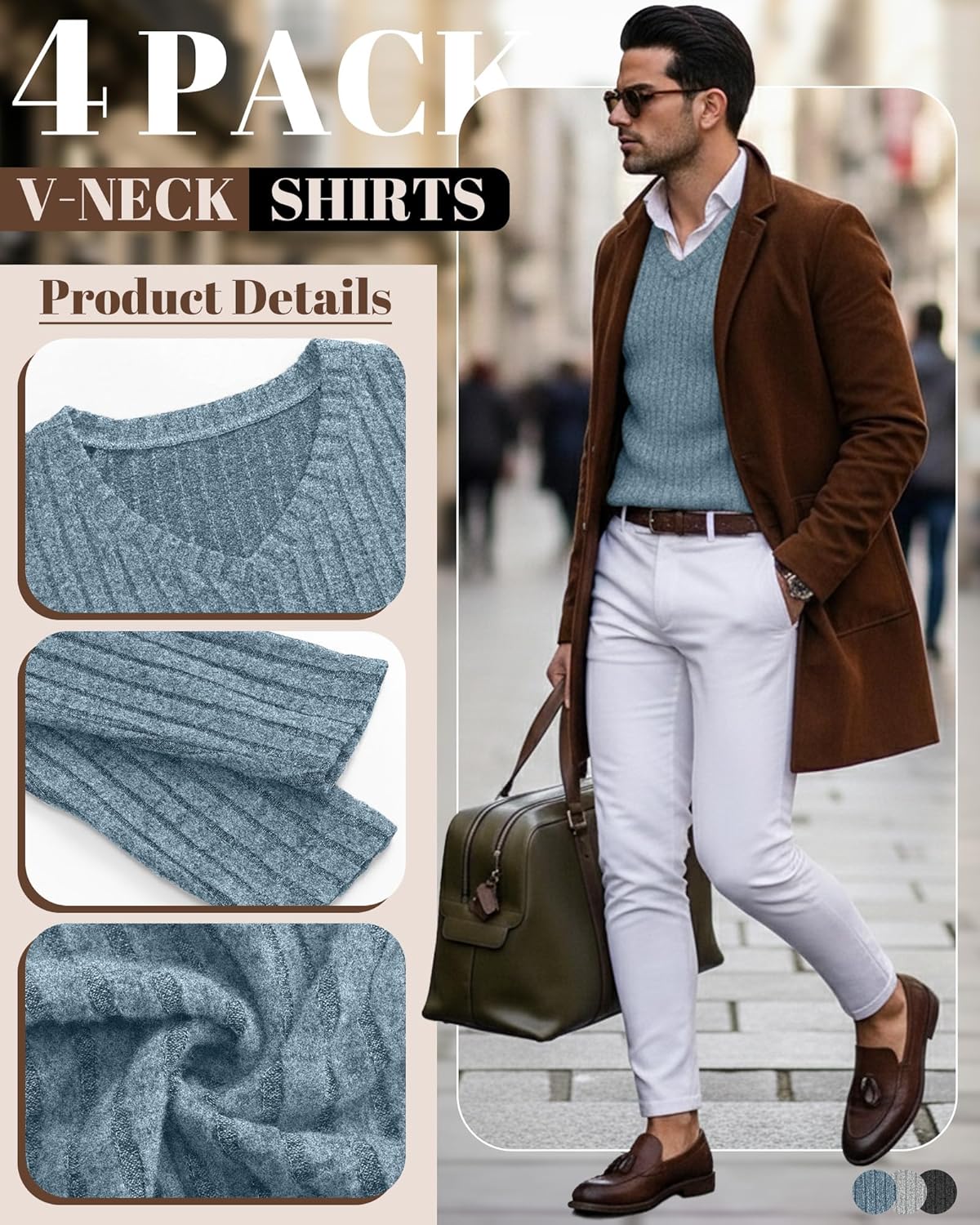 3 Pack Men's Ribbed V Neck Long Sleeve Shirts, Slim Fit Thermal Sweaters Tops Muscle Athletic Casual Gym Basic Tees - Image 5