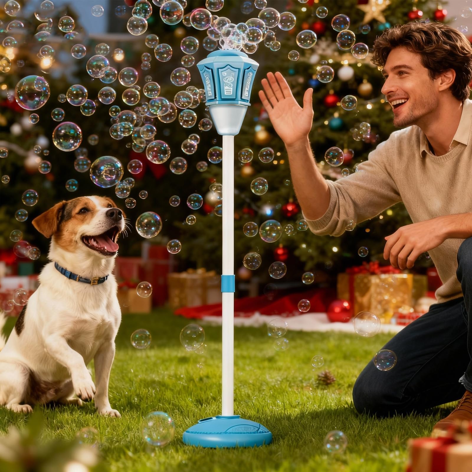 Standing Automatic Bubble Machine, Rechargeable Stand up Bubble Maker Machine Height Adjustable Up to 47 Inches, Outdoor Battery Bubble Machine with Light, Music for Stage Birthday Party Gifts