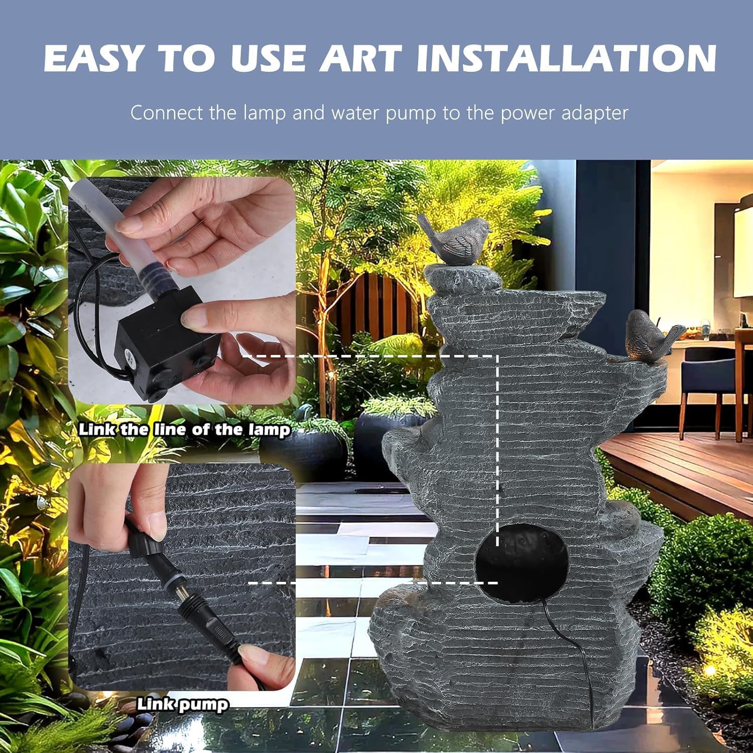 Water Fountain Outdoor with Bird, Modern Water Feature with LED Lights, 5-Tier Cascading Resin Waterfall Fountain, 26" Garden Fountains for Yard, Deck, Patio, Porch