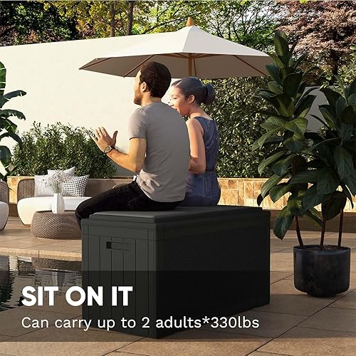 Vista 12 de Patiowell Caja de resina de 100 galones, caja de almacenamiento grande impermeable para muebles de patio y herramientas de jardín, color negro