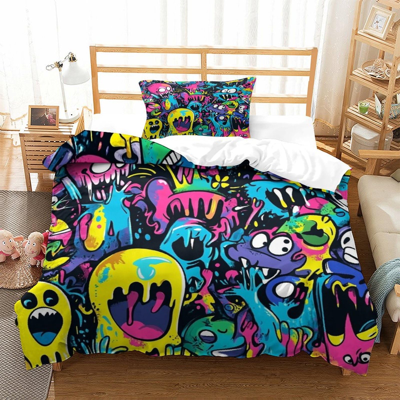 LILIlaobiao Graffiti Colorful Comforter Cover Hidden Zipper Doodles Duvet Cover Set with Pillowcases Bedding Set Soft Microfiber Quilt Cover Set for Kids Adults Single（135x200cm）