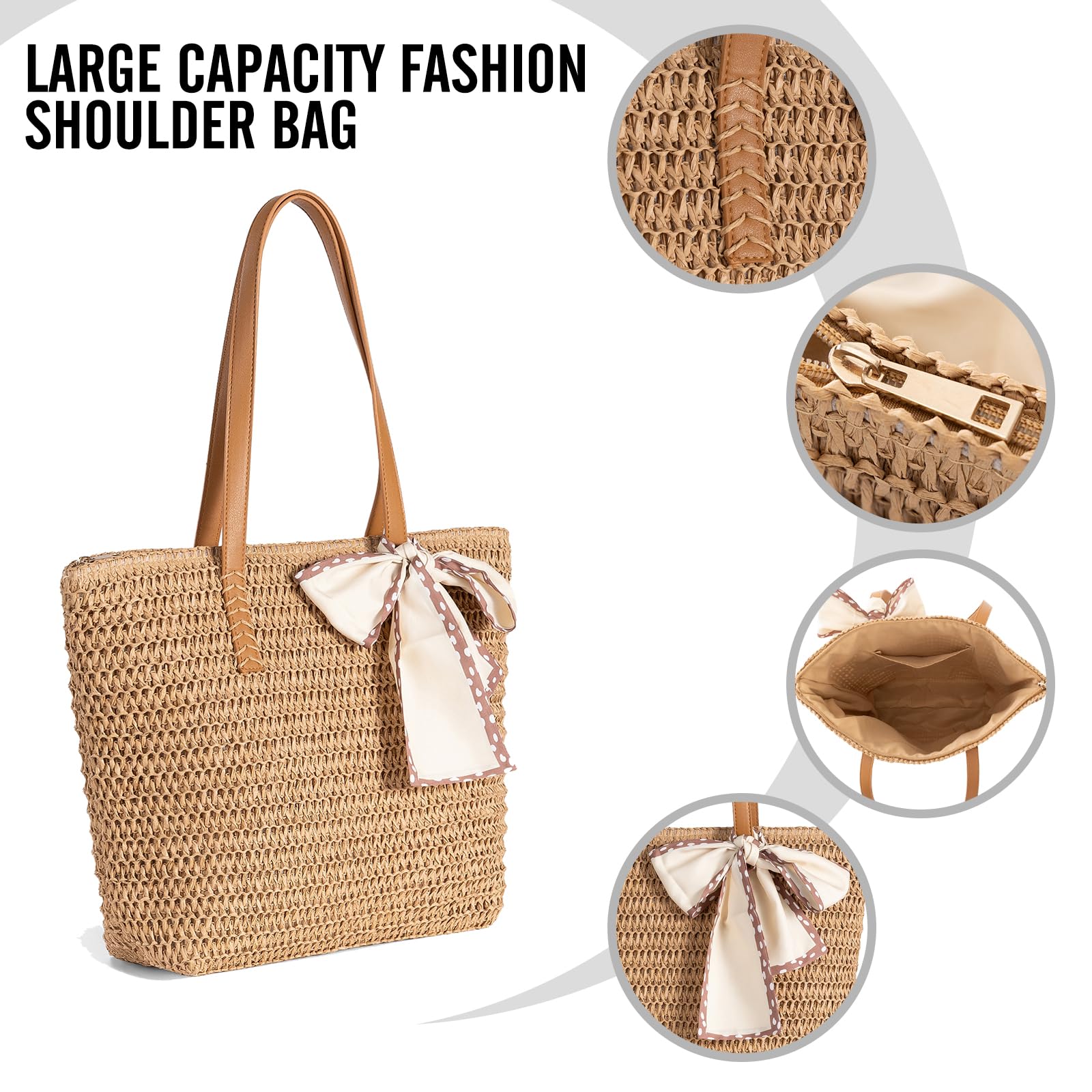 iSamzan Large Straw Beach Bag: Women's Handwoven Tote with Zipper Pocket - 2025 Lightweight Summer Purse for Travel & Work